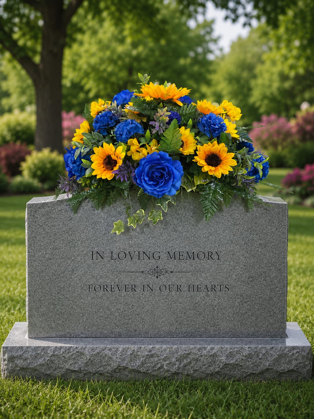 Summer Tribute - Summer Tribute silk memorial saddle is a vibrant cemetery arrangement designed to honor a life remembered with warmth, love, and bright summer color. Created with bold blue flowers, golden sunflowers, lush greenery, and realistic silk florals, this handcrafted memorial saddle is designed for cemetery headstones and grave markers.  Inspired by sunny summer skies, blooming gardens, and treasured memories shared through the years, Summer Tribute offers a colorful and meaningful tribute for loved ones. The striking blue flowers paired with rich sunflower blooms create beautiful contrast and stand out naturally against granite and marble monuments.  Its full garden-inspired style makes it a beautiful choice for cemetery memorials, graveside tributes, anniversaries, Memorial Day, and everyday remembrance. Designed with high-quality silk flowers and realistic greenery, this arrangement creates a lasting display of love and remembrance throughout the seasons.  Each Summer Tribute memorial saddle is custom made for a natural and unique appearance. Flower varieties, greenery, and shades may vary based on availability, but every arrangement will maintain the same bright summer style, sunflower and blue color palette, fullness, and overall feel shown in the photos.