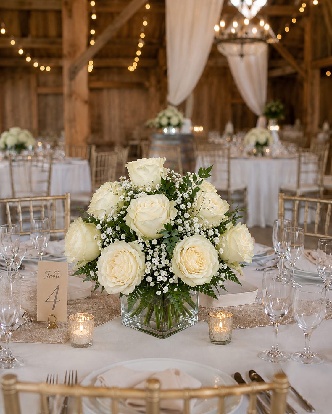 Signature Rose Wedding Centerpiece - Signature Rose Wedding Centerpiece features one dozen premium roses arranged in a clear 5-inch glass cube with coordinating greenery for a timeless, elegant presentation. Designed to complement a wide variety of wedding styles and color palettes, this classic centerpiece offers beauty, simplicity, and sophistication.  Ideal for a 60-inch round guest table seating up to 6 guests or one 6-foot banquet table, this design provides beautiful floral impact without overwhelming place settings, candles, favors, or other table décor. Choose up to two rose colors and two ribbon colors in Special Instructions so we can coordinate the design with your wedding colors and overall event palette.  Additional containers, compotes, pedestal bowls, ceramic vessels, and larger centerpiece options are available. Please call Aspen Tower Florist for pricing, customization, and coordinated wedding flower designs.
