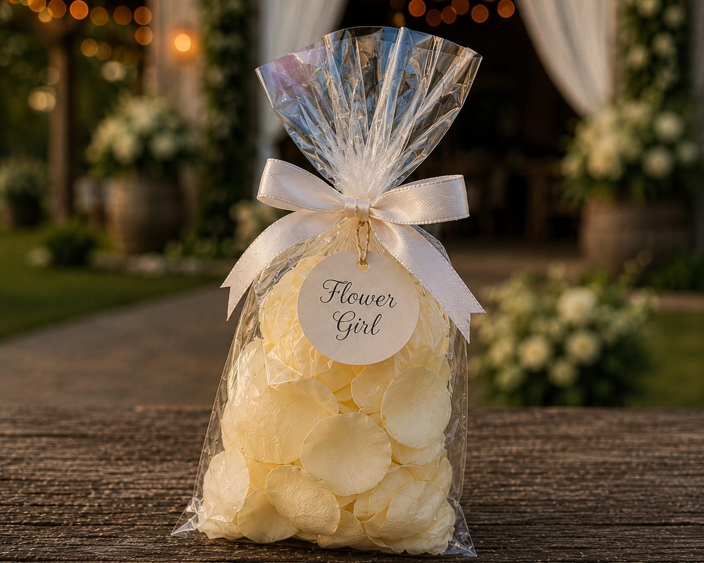 Flower Girl Petals  - Create a beautiful walk down the aisle with fresh rose petals prepared especially for your wedding day. Flower Girl Petals add a romantic finishing touch to outdoor ceremonies, barn weddings, garden weddings, estate weddings, country club celebrations, and wedding receptions.  Each order is customized to coordinate with your wedding colors and floral design. Please specify up to two rose petal colors in the Special Instructions at checkout. Whether you’re planning classic white and ivory, blush and cream, bold jewel tones, soft pastels, or seasonal wedding colors, we can prepare petals to complement your celebration.  Perfect for flower girl baskets, aisle scattering, sweetheart table accents, reception décor, engagement celebrations, bridal showers, anniversary parties, and special events. Fresh rose petals create stunning photographs and add a timeless, elegant detail to your ceremony.