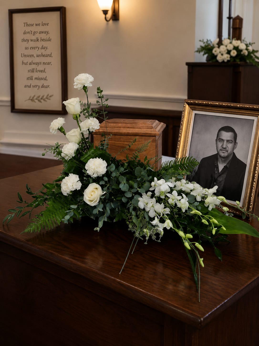 Timeless Devotion Urn Arrangement  - Timeless Devotion is a graceful cremation tribute designed to surround and complement a cremation urn, creating a peaceful focal point for memorial services, visitations, celebrations of life, and family remembrance. Thoughtfully arranged with elegant white blooms and lush greenery, this design offers a meaningful expression of love, honor, faith, and lasting remembrance while celebrating a cherished life.  Created to frame an urn rather than contain it, Timeless Devotion allows families to incorporate their loved one’s urn into a beautiful floral display. Its balanced design provides visual harmony while maintaining an understated elegance suitable for funeral chapels, churches, memorial services, visitation gatherings, and private family tributes. The classic white palette symbolizes peace, devotion, purity, and enduring love, creating a comforting atmosphere for family and friends.  Available in Standard, Deluxe, and Premium versions to accommodate a variety of service styles and presentation needs. Flower varieties may vary based on seasonal availability, but the overall style, color palette, value, and appearance will be maintained.  Available for delivery to Todd Funeral Centre &amp; Crematory, Gilliland-Howe Funeral Home, Porter-Oliger-Pearson Funeral Home, and throughout Greensburg, Batesville, Shelbyville, and surrounding Southeast Indiana communities.