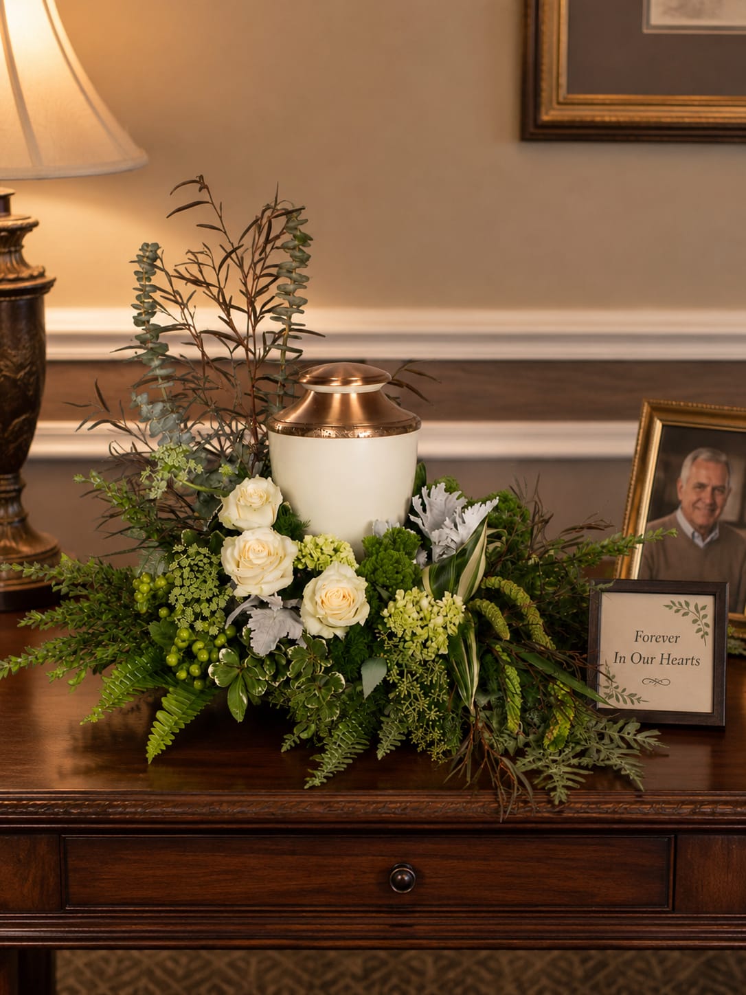 Woodland Tranquility Urn Arrangement - Woodland Tranquility features a cremation urn surrounded by natural greenery and soft white blooms, creating a peaceful woodland-inspired tribute. Designed to offer comfort, remembrance, and quiet reflection, this arrangement provides a beautiful focal point for memorial services, visitations, celebrations of life, and family gatherings honoring a loved one.  Created to surround and complement an urn rather than contain it, Woodland Tranquility allows families to incorporate a loved one’s cremation urn into an elegant floral display. The design draws inspiration from the serenity of nature, combining lush greenery with graceful blooms to create a sense of peace, balance, and enduring remembrance. Its natural style makes it appropriate for funeral chapels, churches, memorial venues, and private family services.  Available in Standard, Deluxe, and Premium versions to accommodate a variety of service styles and presentation needs. Flower varieties may vary based on seasonal availability, but the overall woodland-inspired appearance, color palette, style, and value will be maintained.  Available for delivery to Freeman Family Funeral Homes, Meyers Funeral Home, Bass &amp; Gasper Funeral Home, and throughout Rushville, North Vernon, Hope, Indiana, and surrounding Southeast Indiana communities.