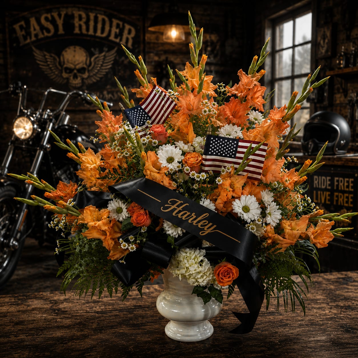 Easy Rider Sympathy Arrangement  - Easy Rider is a bold, free-spirited memorial tribute inspired by the open road, the roar of an engine, and a life lived on your own terms. Vibrant orange gladiolus rise above the design like flames against the horizon, accented with peach roses, cheerful white daisies, delicate chamomile, lush greenery, and patriotic details that create movement, personality, and presence.  Designed for motorcycle enthusiasts, veterans, patriots, and those who embraced adventure, Easy Rider celebrates individuality while honoring a life well lived. The striking orange palette symbolizes strength, energy, freedom, and a passion for the journey, while the white blooms add a sense of peace, remembrance, and respect. A custom banner may be added.  Families looking for something truly personal often choose designs that reflect hobbies, careers, military service, motorcycles, classic cars, outdoor interests, or a loved one’s unique personality. Easy Rider is a beautiful example of how funeral flowers can tell a story and celebrate a life beyond traditional designs.  If you are interested in an Easy Rider-style casket spray or a coordinating standing spray on an easel, please call Aspen Tower Florist at 812-663-8498 and speak directly with our designer about creating a custom tribute.