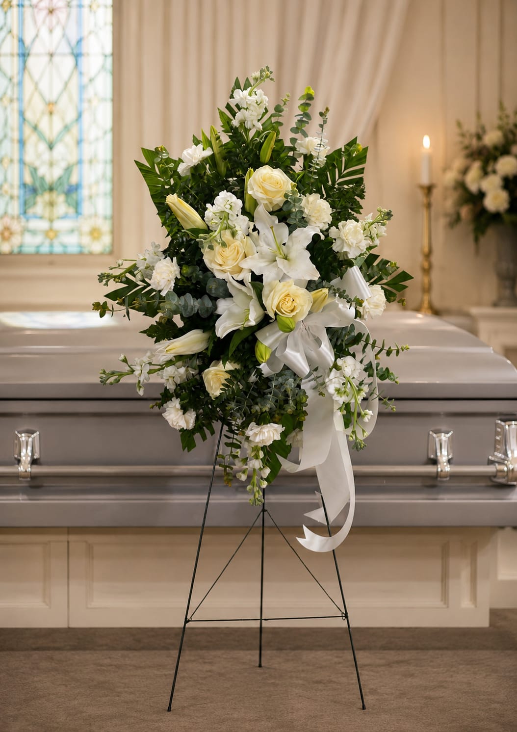 Living Thoughts Spray on Easel - Elegant, timeless, and filled with quiet grace, Loving Thoughts is a standing spray designed to offer comfort, remembrance, and a heartfelt expression of sympathy. Featuring white lilies, roses, stock, carnations, and lush greenery, this design creates a beautiful presentation of peace, reverence, and enduring love.  The all-white palette symbolizes purity, faith, and treasured memories, while the vertical design creates a meaningful focal point during visitation, funeral, and memorial services. Carefully balanced flowers and textures provide natural movement and dimension, creating a tribute that feels both refined and comforting.  Appropriate for honoring parents, grandparents, spouses, siblings, friends, and other cherished loved ones, Loving Thoughts blends beautifully with both traditional and contemporary services. Its classic styling allows the flowers to speak softly while expressing deep respect and admiration.  Available through Aspen Tower Florist for services at Weigel Funeral Home, Neal’s Funeral Home, and Norman Funeral Home. Families may also contact our design team regarding custom standing sprays, sympathy flowers, memorial arrangements, cremation tributes, and celebration-of-life floral designs.  Serving families in Batesville, Osgood, and Hope with professionally designed funeral flowers and memorial tributes.