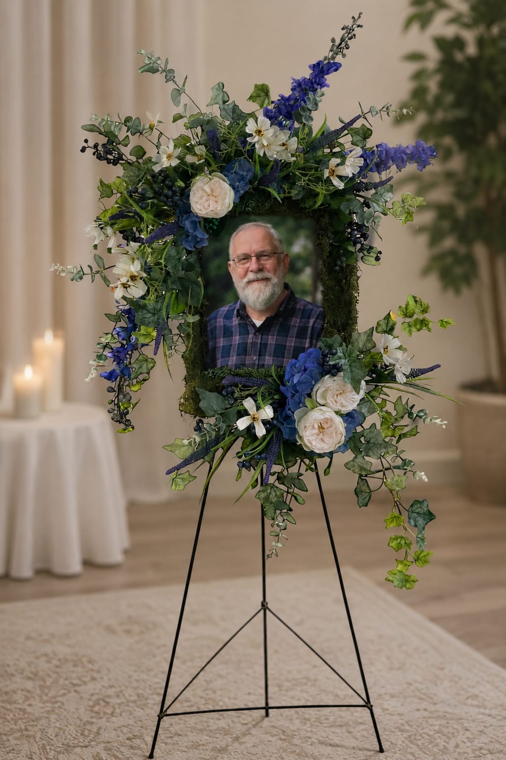 Forever Remembered Silk Spray on Easel - Forever Remembered is a custom silk memorial photo tribute designed to celebrate a life, a legacy, and the memories that remain. Displayed on an easel and centered around a cherished photograph, this unique design creates a meaningful focal point for funeral services, memorial gatherings, celebration-of-life events, churches, businesses, and family displays.  The design shown features shades of blue, cream, and green, but each tribute is custom created and can be designed in virtually any color palette. Favorite colors, school colors, hobby themes, military colors, and other personal touches may be incorporated to reflect the individual being honored. Please specify color preferences in the Special Instructions box when ordering.  Designed as a lasting keepsake, Forever Remembered combines a treasured photograph with permanent botanicals and decorative accents to create a personalized memorial display that can continue to be enjoyed long after the service has ended.  Suitable for services at Jewell-Rittman Family Funeral Home, Dove-Sharp &amp; Rudicel Funeral Home, and Glenn E. George &amp; Son Funeral Home.  Available through Aspen Tower Florist for families in Columbus, North Vernon, and Waldron seeking personalized memorial displays, sympathy keepsakes, and celebration-of-life tributes.