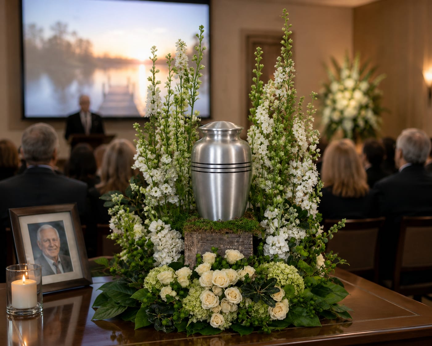 White Garden Urn Arrangement  - An elegant ring of white flowers and lush greenery designed to surround a keepsake urn during memorial services, visitation, cremation services, and celebration of life gatherings. White roses, hydrangea, stock, and premium foliage create a timeless tribute that honors a cherished life with grace, dignity, and remembrance. Urn not included.  Searching for memorial flowers, sympathy flowers, cremation flowers, or an urn arrangement for a celebration of life? This fresh flower tribute creates a beautiful focal point while offering comfort and support to family and friends. The classic white and green palette symbolizes peace, honor, purity, faith, and everlasting remembrance.  Designed for memorial tables, churches, chapels, funeral homes, and celebration of life venues. Its all-around design surrounds the urn with fresh flowers for an elegant presentation suitable for visitation, funeral services, memorial ceremonies, and cremation gatherings.  Available for delivery to memorial services in Brookville, St. Paul, and New Point. Frequently delivered to Cook Rosenberger Funeral Home, Porter-Oliger-Pearson Funeral Home, and Freeman Family Funeral Homes.  Flowers may vary while maintaining the overall style, color palette, and feel of the arrangement.