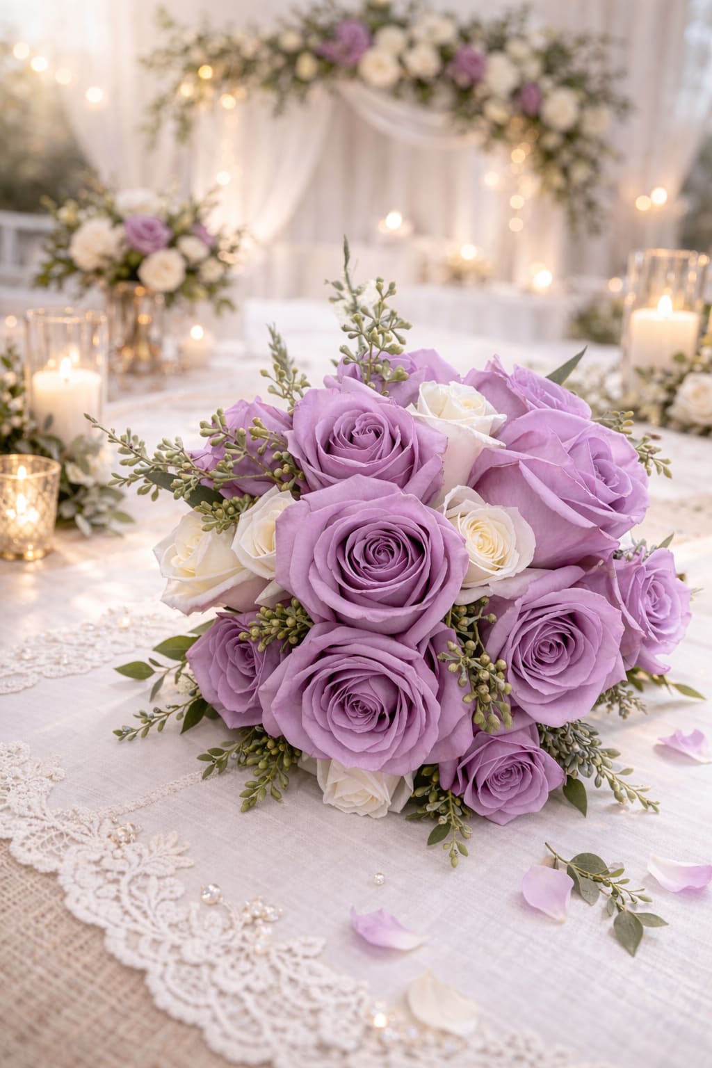 Lavender Skies Bridal Bouquet - Lavender Skies features soft lavender and white roses accented with seeded eucalyptus for a timeless wedding design filled with romance, elegance, and natural beauty. The combination of lush roses and flowing eucalyptus creates a graceful, garden-inspired look that feels fresh, sophisticated, and effortlessly romantic. With its soft color palette and classic styling, this collection captures the beauty of traditional wedding flowers while maintaining a relaxed, modern feel.  Designed with texture, movement, and balance in mind, the roses provide fullness and beauty while the seeded eucalyptus adds softness and natural flow throughout the design. The result is a wedding collection that feels refined without being overly formal, making it a beautiful choice for couples who love classic flowers with a fresh, updated look.  From bridal bouquets and bridesmaid bouquets to centerpieces, corsages, boutonnières, ceremony flowers, and reception décor, this collection creates a cohesive floral story throughout the celebration. The lavender and white color palette will be blended with light blues and periwinkle and has remained a wedding favorite for years because it feels romantic, timeless, and elegant.   The natural beauty of roses paired with seeded eucalyptus creates visual interest from every angle whether featured in bouquets, centerpieces, or ceremony flowers, the design offers a soft, luxurious appearance that photographs beautifully and creates an unforgettable impression.
