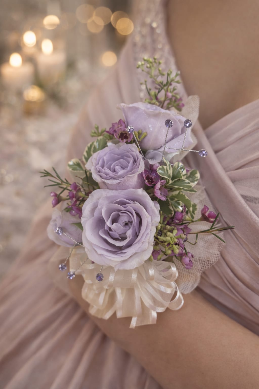 Lavender Skies Wrist Corsage - Lavender Skies Wedding Wrist Corsage features four lavender spray roses accented with complementary flowers, variegated greenery, sparkling rhinestone accents, and coordinating ribbon details for a romantic and elegant finishing touch. Designed to complement the Lavender Skies wedding collection, this wrist corsage brings together soft lavender tones, delicate textures, and timeless floral styling in a design that is both graceful and memorable.  Perfect for bridesmaids, mothers of the bride, mothers of the groom, grandmothers, personal attendants, and special guests, this corsage coordinates beautifully with the Lavender Skies bridal bouquet, bridesmaid bouquets, centerpieces, boutonnières, and ceremony flowers. The combination of lavender roses, accent flowers, greenery, and rhinestone details creates dimension and visual interest while maintaining a soft, romantic appearance.  Customize your look by selecting your preferred ribbon color in the Special Instructions section. Available ribbon colors include lavender, white, periwinkle, and ivory, allowing the corsage to coordinate seamlessly with your wedding colors and attire.  Flowers and accents may vary based on seasonal availability while maintaining the overall style, color palette, quality, and feel of the design. A beautiful floral accessory designed to add elegance, romance, and coordinated beauty to your wedding day.