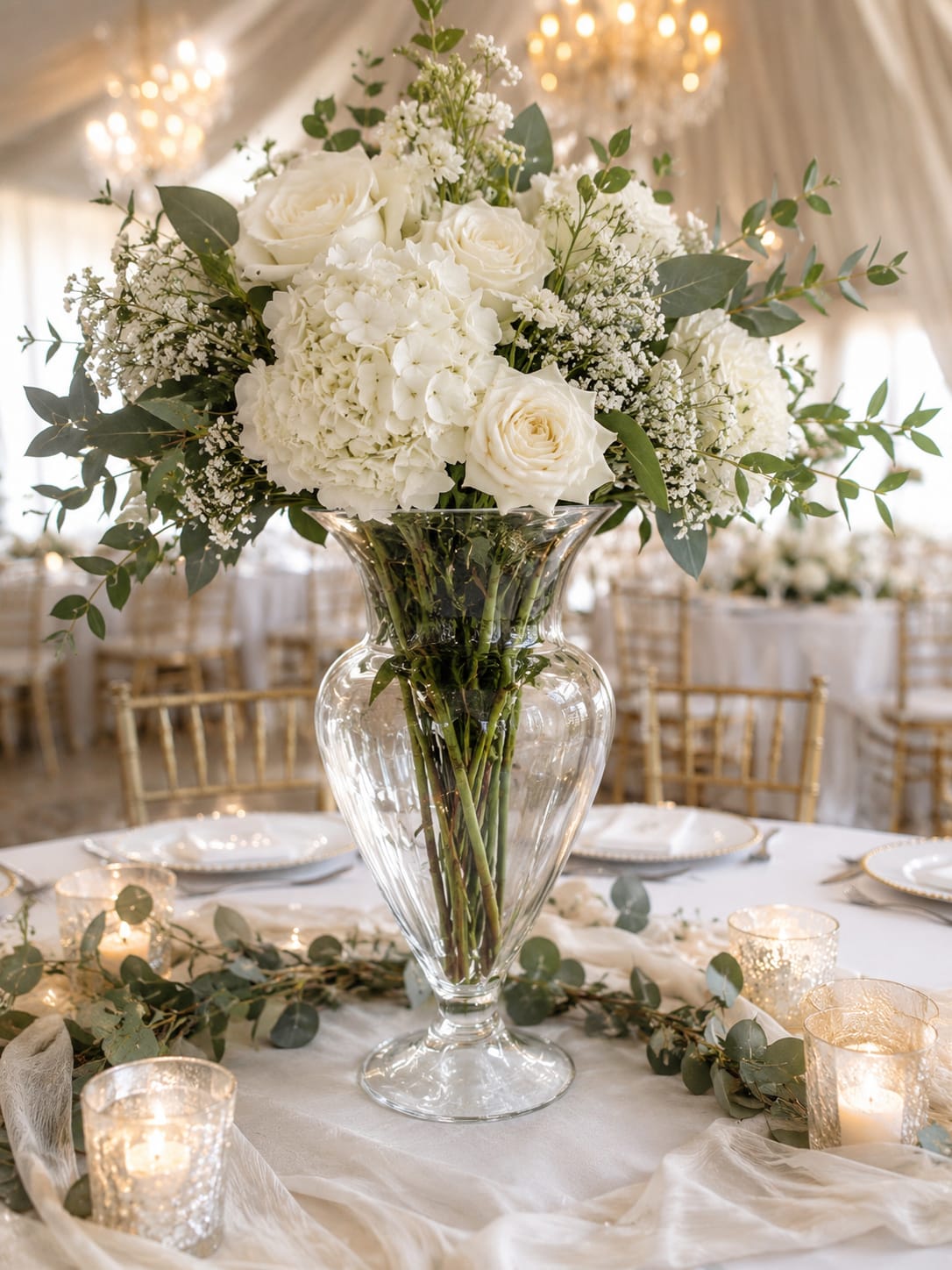 The Abigail Vase - Create an unforgettable wedding with our elegant pedestal trumpet vase rental, perfect for lush floral centerpieces, ceremony arrangements, sweetheart tables, welcome displays, and reception décor. Its timeless clear glass design complements romantic, rustic, classic, garden, modern, and luxury weddings while allowing your flowers to take center stage.  Aspen Tower Florist offers wedding and event rentals throughout Indianapolis, Cincinnati, Louisville, Greensburg, Batesville, Shelbyville, Rushville, Columbus, Franklin, and surrounding communities. Whether you’re planning an intimate celebration or a large reception, our rental collection helps you achieve a beautiful, professionally styled event without purchasing expensive décor.  Pair this vase with our coordinating cylinders, hurricanes, candle holders, compotes, lanterns, mirrors, chargers, and other wedding décor for a cohesive, designer-inspired look. Available for pickup or delivery (delivery and setup available in many areas).  Reserve early to ensure availability for your wedding date and let Aspen Tower Florist help create a celebration your guests will remember for years to come.  Rental includes one pedestal trumpet vase. Flowers, candles, and decorative accents shown are for inspiration and are not included unless purchased separately.