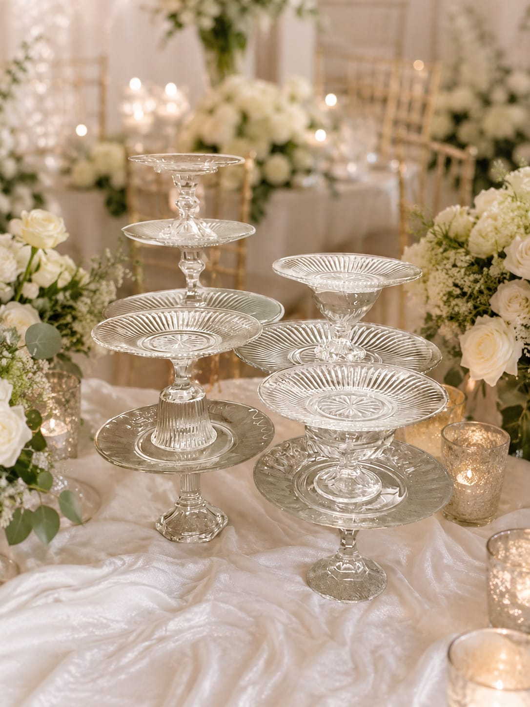 Gabriella Pedestal Platters - These aren’t just dessert stands—they’re the kind of details that make a wedding display look thoughtfully designed instead of simply set up. The Gabriella Pedestal Platters feature an eclectic collection of coordinating pedestal stands in a variety of heights, shapes, and styles, allowing you to create dimension, movement, and visual interest throughout your event.  Perfect for wedding cake displays, cupcake towers, dessert bars, candy buffets, charcuterie tables, appetizer stations, bridal showers, baby showers, anniversary parties, and upscale special events, these versatile platters help transform ordinary food presentations into memorable focal points. Layer varying heights together for a curated designer look, showcase signature desserts, highlight favors, or create an elegant sweetheart table display that draws guests in from across the room.  Their timeless styling blends beautifully with romantic garden weddings, vintage-inspired celebrations, rustic receptions, classic ballroom events, boho gatherings, and modern luxury décor. Whether you’re displaying macarons, cupcakes, cookies, pastries, chocolates, or decorative accents, the Gabriella collection offers endless styling possibilities while adding texture and sophistication to your tablescape.