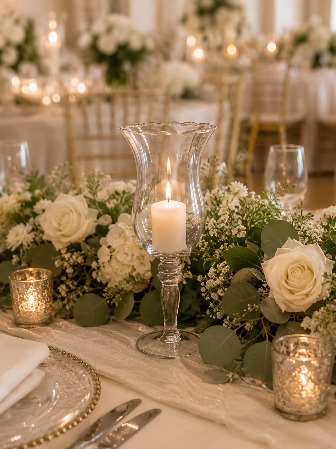 Hailey Vase  - The room is set. The candles are glowing. The flowers are perfect. Guests are finding their seats, and for a brief moment before the music begins, everything feels exactly the way you imagined it would.  That’s where the Hailey Vase shines.  Its elevated pedestal design creates beautiful layers throughout your reception without blocking conversations across the table or competing with your flowers. Instead, it helps showcase them. Whether displaying candlelight, fresh florals, seasonal accents, or elegant greenery, the Hailey Vase brings balance, height, and sophistication to your overall design.  One vase is beautiful. A collection of them transforms a room.