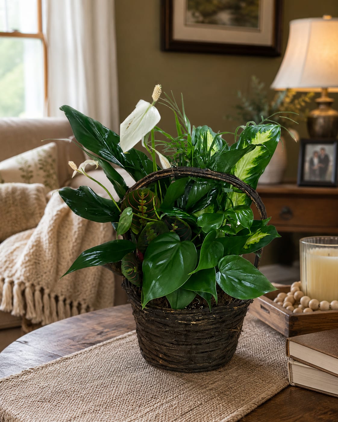 Rustic Basket Dishgarden - Looking for a gift that makes an immediate impression and continues to be appreciated long after delivery day? This beautiful dish garden combines lush green plants, fresh flowers, and a coordinating ribbon to create a gift that’s both eye-catching and long-lasting. Fresh blooms provide instant color while healthy green plants continue to thrive, making this an ideal choice for birthdays, get well wishes, thank you gifts, sympathy expressions, anniversaries, housewarmings, and everyday occasions.  Whether you’re sending a plant basket to a home, office, hospital, funeral service, or memorial gathering, this versatile gift offers the perfect balance of fresh floral beauty and lasting greenery. The included fresh flowers and coordinating ribbon create a polished presentation that’s appropriate for both celebrations and expressions of comfort.  More than just another gift, this dish garden becomes part of the room. While the fresh flowers provide an immediate burst of color and beauty, the living plants continue growing and thriving, serving as a lasting reminder of your thoughtfulness. It’s a meaningful choice when you want to send something beautiful today and appreciated for weeks and months to come. Approximately 9" x 17"