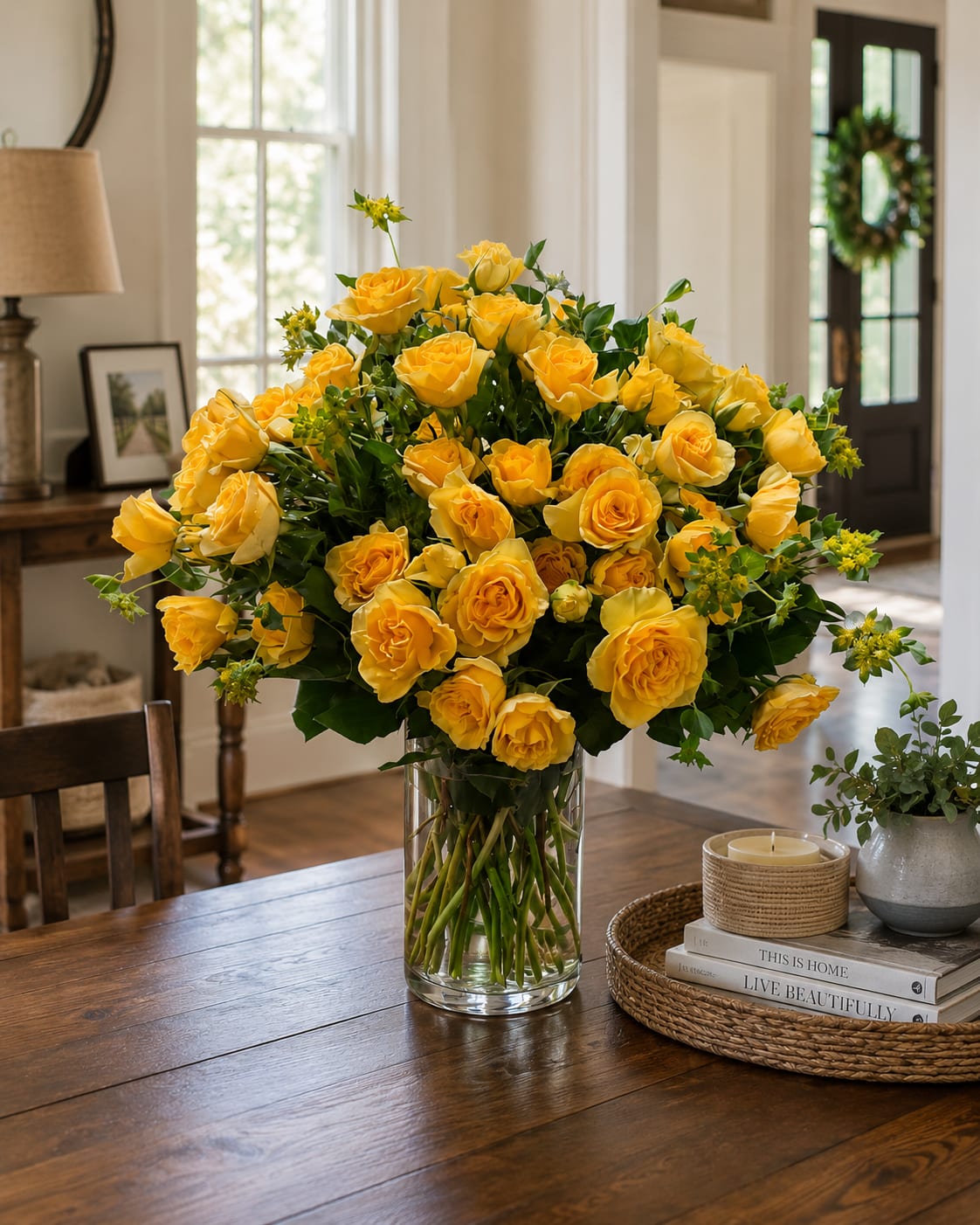 Pure Sunshine - Some days deserve a little more sunshine.  The fastest way to change the mood of a room is to fill it with color, energy, and happiness. That’s exactly what this design was created to do. Overflowing with vibrant yellow spray roses, it delivers the kind of reaction that can’t be faked—a smile, a laugh, a surprised look, and that immediate feeling that somebody cared enough to send something extraordinary.  This is the gift for big birthdays, meaningful celebrations, major milestones, heartfelt congratulations, and those moments when an ordinary gesture simply won’t do. Bright, cheerful, and full of life, it brings an unmistakable sense of joy the moment it arrives.  Available in Standard, Deluxe, and Premium versions, each upgrade creates an even fuller, more dramatic presentation. Whether you’re making a statement or creating a memory, this design was built for people who want their gift to stand out.  Bold color. Big impact. Instant happiness.  At approximately 18 inches high by 18 inches wide, this luxury arrangement is designed to be noticed, admired, and remembered.  Because sometimes the greatest gift you can send is a brighter day.