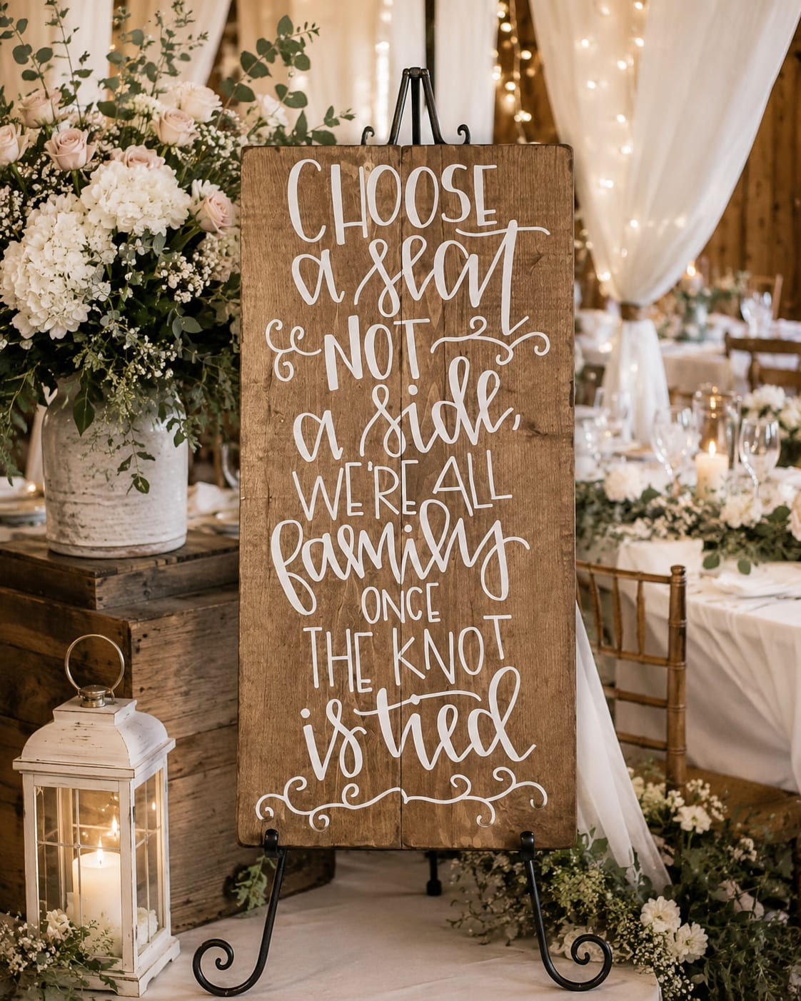 Wooden wedding sign on an easel beside white floral arrangements and a lantern
