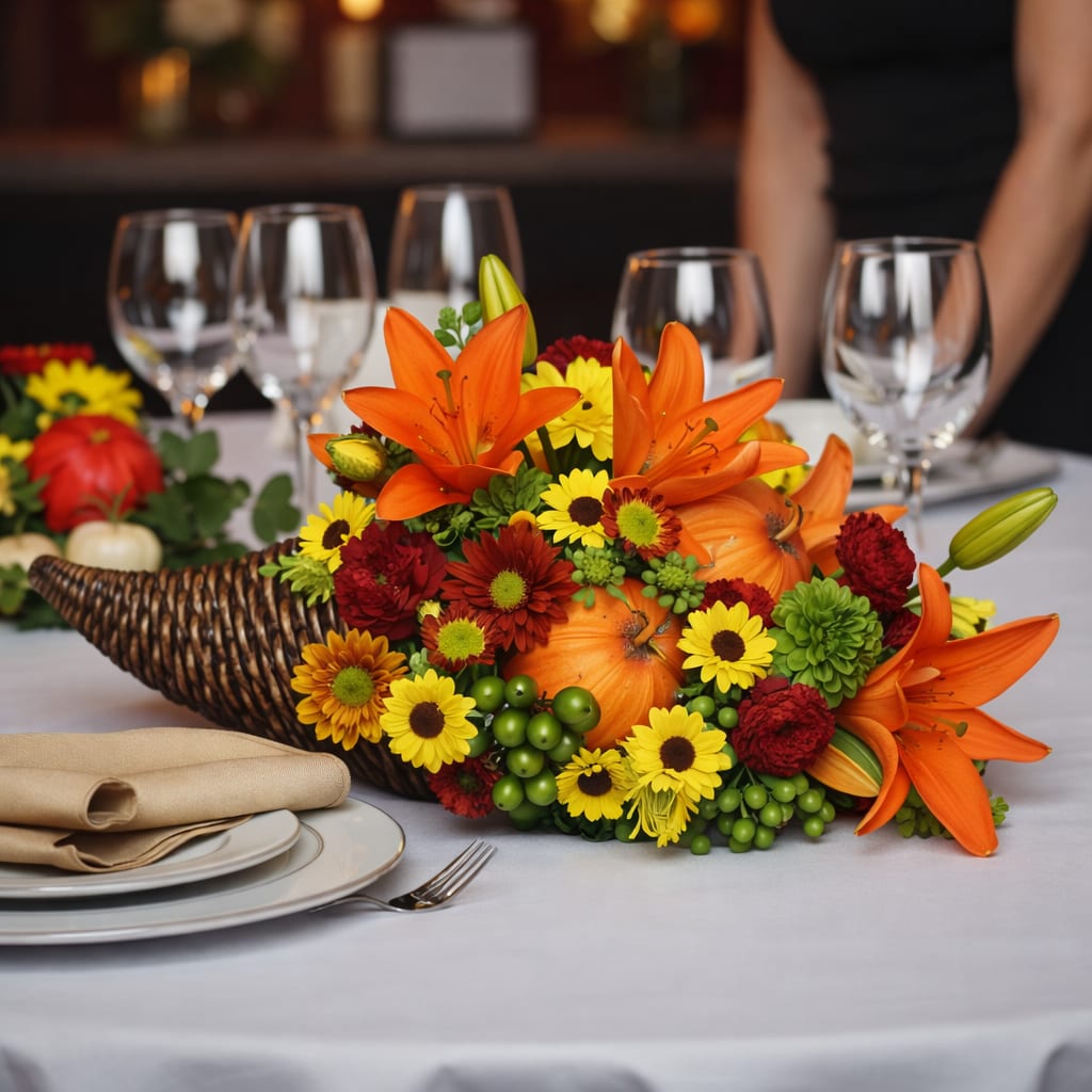 Harvest Horn of Plenty - Warm up your Thanksgiving table with our Harvest Horn of Plenty cornucopia centerpiece, filled with rich autumn blooms and seasonal color. Handcrafted by Aspen Tower Florist in Greensburg, Indiana, this classic Thanksgiving arrangement features warm shades of orange, yellow, bronze, and red for a welcoming fall look.  Perfect for Thanksgiving dinners, family gatherings, office celebrations, housewarmings, thank you gifts, and seasonal decorating, this floral cornucopia adds festive charm to any home or event. Whether you are hosting guests or sending a thoughtful holiday gift, Harvest Horn of Plenty is a timeless way to celebrate the season and share gratitude.  Each design is created with the freshest flowers available, so specific blooms may vary while maintaining the same abundant autumn style. Aspen Tower Florist is a real local florist proudly serving Greensburg, Indiana and surrounding communities with dependable local delivery.  Occasions: Thanksgiving, Autumn, Holiday, Housewarming, Thank You, Just Because.  Order direct from Aspen Tower Florist for local flower delivery in Greensburg, Indiana and nearby areas.