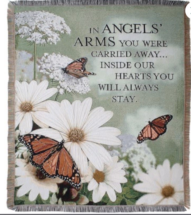 Memorial blanket with white daisies, butterflies, and a sympathy message