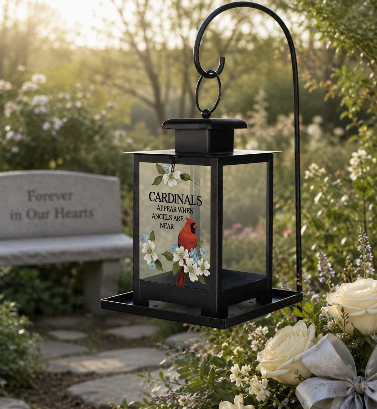 "Cardinals Appear" Bird Feeder 57180 - The Cardinals Appear When Angels Are Near bird feeder lantern is a meaningful keepsake gift designed to bring comfort, beauty, and peaceful reflection to gardens, memorial spaces, porches, patios, cemeteries, and homes. Featuring a decorative cardinal design with the heartfelt “Cardinals Appear When Angels Are Near” sentiment, this memorial bird feeder creates a touching reminder of love, remembrance, faith, and connection while adding beauty to outdoor spaces year-round.  Perfect for sympathy gifts, memorial services, celebration of life gatherings, anniversaries of loss, encouragement gifts, thinking-of-you moments, and everyday remembrance, this decorative feeder offers a thoughtful way to honor cherished memories while creating a peaceful outdoor setting birds can enjoy. The black lantern-inspired design blends beautifully with traditional, rustic, farmhouse, garden-inspired, and contemporary décor styles.  Available with a ribbon accent or upgraded with fresh flowers for an elegant deluxe presentation, this keepsake pairs beautifully with fresh flowers, green plants, memorial stones, wind chimes, lanterns, and other thoughtful gifts. Designed to be placed at the service, graveside, cemetery, garden, porch, patio, or home after delivery. Display stand shown in photos is not included.  With meaningful cardinal imagery and functional bird feeder styling, this keepsake offers lasting beauty, comfort, remembrance, and peaceful reflection for life’s most meaningful moments.