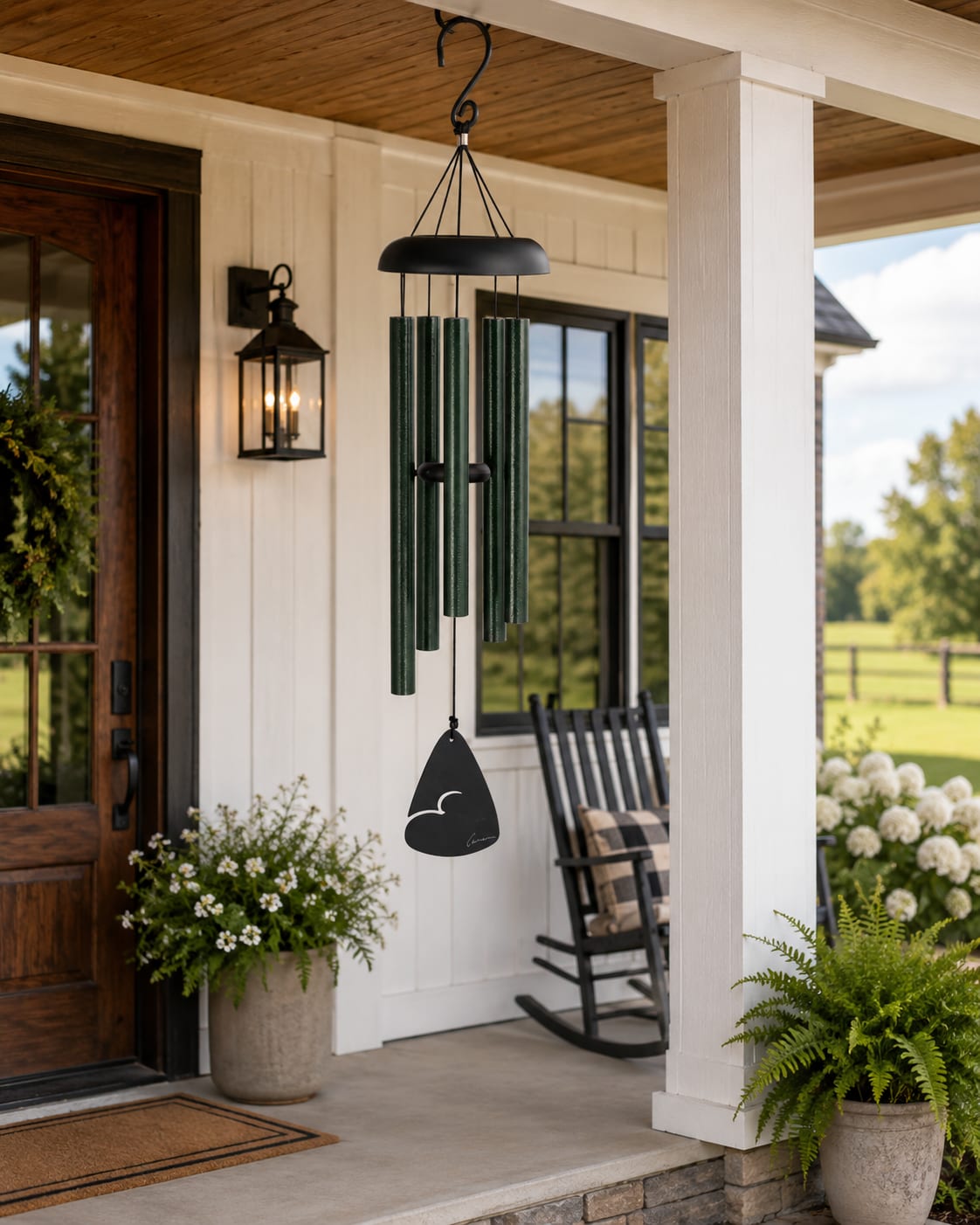 Forest Green Fleck 30" Windchime 60201 - This 30” forest green wind chime brings peaceful sound, rich color, and lasting beauty to porches, patios, gardens, decks, and outdoor living spaces. With powder-coated aluminum tubes and a clean classic design, it makes a thoughtful gift for birthdays, anniversaries, retirement, Mother’s Day, get well wishes, housewarmings, thank-you gifts, thinking of you moments, sympathy, and everyday comfort.  The Standard option comes with or in a gift box with a decorative bow for easy gifting. The Deluxe option is displayed on a temporary leased stand for services, events, or special gatherings with ribbon styling. The Premium option adds fresh flowers and designer ribbon for a fuller presentation with added color, texture, and visual impact.  A beautiful keepsake gift for Greensburg, Decatur County, Batesville, Rushville, Shelbyville, North Vernon, Hope, Westport, Sunman, and surrounding Indiana communities. Perfect for anyone who loves meaningful gifts, relaxing outdoor décor, and the soft sound of wind chimes in the breeze.