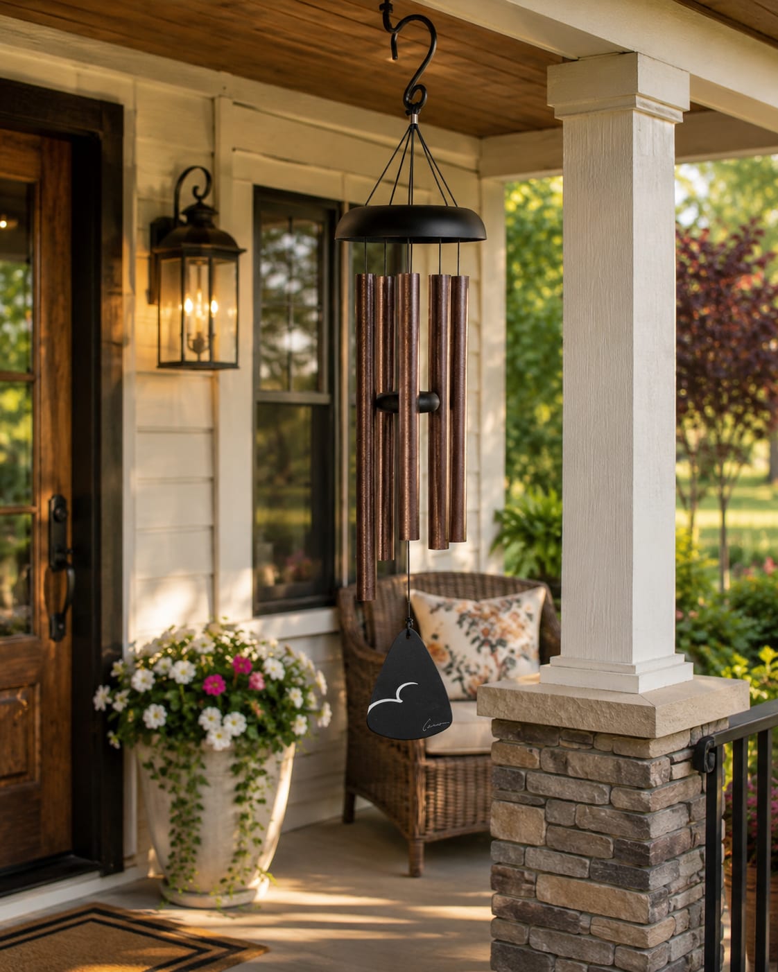 Bronze Fleck 30" Windchime 60215 - Warm bronze fleck tones and soothing resonance make this decorative windchime a timeless accent for porches, patios, gardens, decks, and outdoor living spaces. Featuring durable powder-coated tubes and elegant styling, this windchime blends beautifully with farmhouse décor, rustic settings, modern homes, cozy cabins, and classic outdoor spaces while creating peaceful movement and relaxing sound in the breeze.  A meaningful gift for birthdays, anniversaries, retirement, housewarmings, holidays, thank-you gifts, thinking of you moments, sympathy, or everyday comfort. Its versatile style works beautifully year-round and offers a lasting keepsake that can be enjoyed long after the occasion has passed.  Standard presentations include the windchime arriving in or with a coordinating gift box and decorative bow for easy gifting. Deluxe presentations feature display on a temporary leased stand with upgraded ribbon styling for services, celebrations, memorial gatherings, or special events. Premium presentations add a fresh floral accent and designer ribbon for a fuller upscale presentation with added texture, color, and visual impact.  Available for local delivery throughout Greensburg, Batesville, Shelbyville, Rushville, North Vernon, Columbus, Westport, Hope, Sunman, and surrounding Indiana communities.