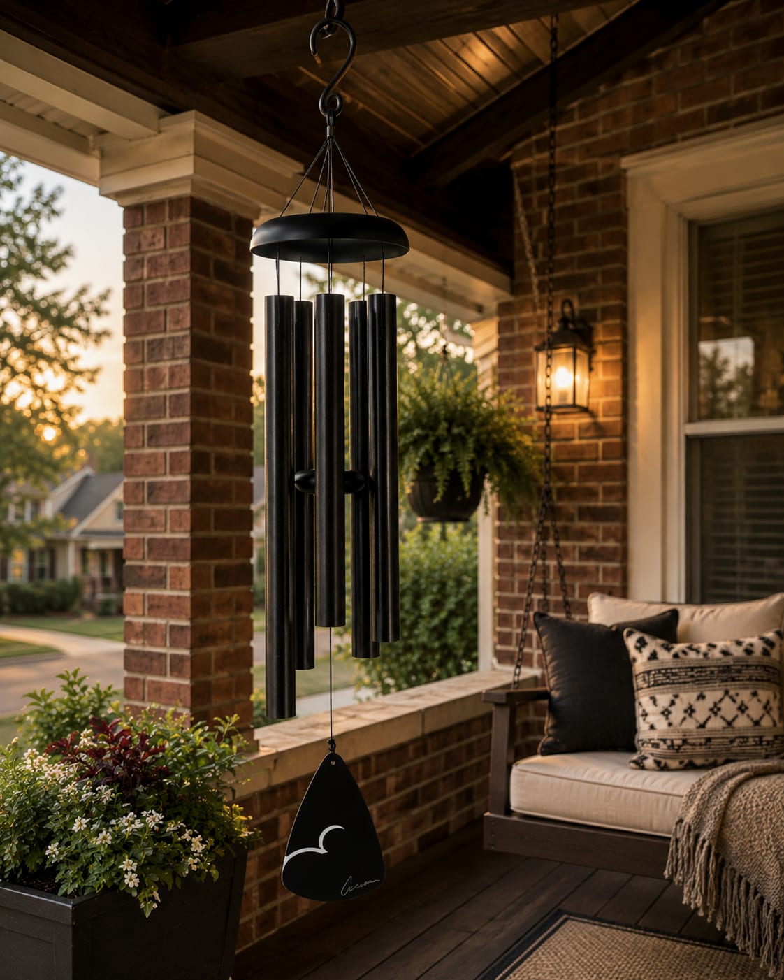 Black Fleck 36" Windchime 60356 - Bring timeless style and soothing sound to porches, patios, decks, and outdoor living spaces with this elegant black powder-coated windchime. Designed with deep resonant tones and a sleek craftsman-inspired look, this decorative windchime blends beautifully with brick homes, farmhouse porches, cozy outdoor seating areas, modern rustic décor, and classic outdoor spaces. Its rich black finish and graceful movement create a relaxing atmosphere while adding visual warmth and year-round curb appeal.  Perfect for birthdays, anniversaries, retirement gifts, housewarmings, sympathy gestures, holidays, thank-you gifts, or simply adding peaceful ambiance to a favorite outdoor space. This versatile windchime is designed to fit effortlessly into everyday decorating while also serving as a meaningful keepsake for special occasions.  Standard presentations arrive in or with a coordinating gift box and decorative bow for easy gifting and elegant presentation. Deluxe presentations include display on a temporary leased stand with upgraded ribbon styling for services, celebrations, memorial gatherings, or events. Premium presentations feature fresh floral accents and designer ribbon for a fuller upscale presentation with added texture, beauty, and color.  Available for local delivery throughout Greensburg, Batesville, Shelbyville, Rushville, Columbus, North Vernon, Hope, Westport, Sunman, and surrounding Indiana communities.