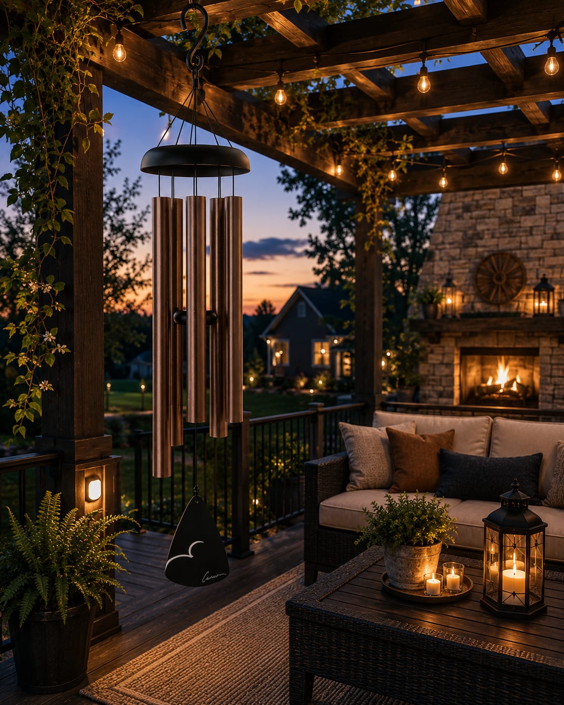 Bronze Fleck 36" Windchime 60216 - Rich bronze fleck tones and deep soothing resonance make this powder-coated 36” windchime a timeless accent for pergolas, porches, patios, decks, gardens, and outdoor living spaces. Designed with durable powder-coated aluminum tubes and elegant styling, this windchime blends beautifully with farmhouse décor, rustic settings, modern outdoor spaces, cozy seating areas, and classic garden landscapes while adding peaceful movement and relaxing sound to the breeze.  Perfect for birthdays, anniversaries, retirement, housewarmings, thank-you gifts, thinking of you moments, sympathy occasions, celebrations of life, or everyday outdoor enjoyment. Its warm bronze finish offers a versatile year-round look that works beautifully in both casual and upscale settings without feeling overly seasonal or themed.  Standard presentations arrive with or in a coordinating gift box accented with a decorative bow for easy gifting. Deluxe presentations feature display on a temporary leased stand with upgraded ribbon styling for services, gatherings, or special events. Premium presentations add fresh floral accents and designer ribbon for a fuller upscale display with added color, texture, and visual impact.  Available for local delivery throughout Greensburg, Batesville, Shelbyville, Rushville, Columbus, North Vernon, Hope, Westport, Sunman, and surrounding Indiana communities.