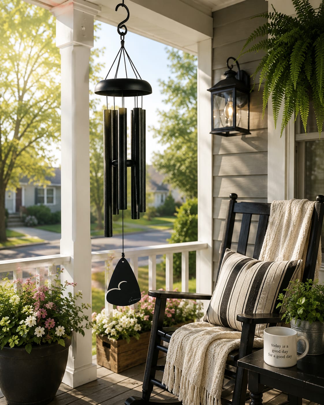 Black Fleck 30" Windchime 60355 - Modern black fleck styling and deep soothing tones make this powder-coated 30” windchime a timeless accent for porches, patios, pergolas, gardens, and outdoor living spaces. Perfect for birthdays, retirement, anniversaries, housewarmings, sympathy, celebrations of life, or everyday outdoor enjoyment.  Crafted with durable powder-coated aluminum tubes for lasting beauty and rich resonance, this versatile windchime blends beautifully with farmhouse décor, modern country homes, brick craftsman porches, and contemporary outdoor spaces.  Standard presentations arrive with or in a coordinating gift box and decorative bow. Deluxe presentations include display on a temporary leased stand with upgraded ribbon styling for services and gatherings. Premium presentations feature fresh floral accents and designer ribbon for a fuller upscale presentation.  Available for local delivery throughout Greensburg, Batesville, Shelbyville, Rushville, Columbus, North Vernon, Hope, Westport, Sunman, and surrounding Indiana communities.