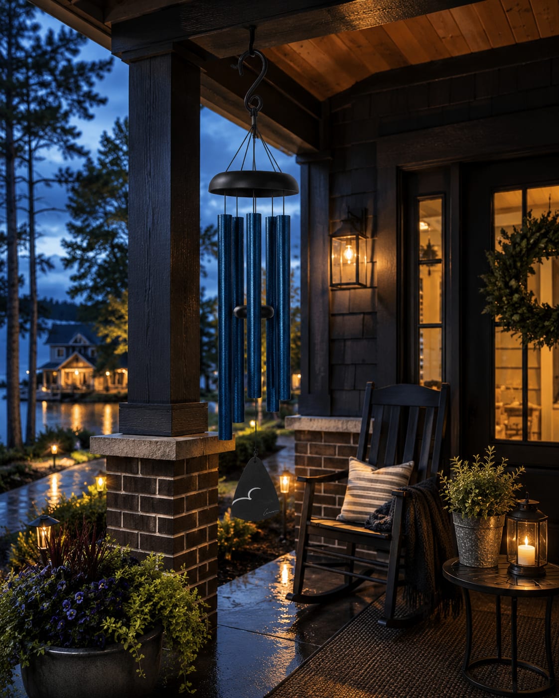 Midnight Blue Fleck 30" Windchime 60542 - Bold midnight blue fleck tubes and rich resonant tones give this 30” windchime a peaceful, elegant presence for porches, patios, memorial gardens, lake homes, and thoughtful gift giving. Its deep blue finish pairs beautifully with modern farmhouse, craftsman, rustic, and contemporary outdoor spaces while creating a calming sound designed for quiet reflection and everyday enjoyment.  This windchime makes a meaningful choice for sympathy gifts, celebrations of life, retirement gifts, birthdays, anniversaries, housewarmings, thank you gifts, or simply sending comfort from afar. The soothing tone and timeless design offer a lasting alternative to fresh flowers and continue bringing beauty long after the occasion has passed.  The standard version arrives with or in a gift box with a decorative bow for a clean, polished presentation. Deluxe versions are displayed on a temporary leased stand with upgraded ribbon styling for funeral homes, memorial services, churches, and visitation settings. Premium presentations include fresh floral accents and designer ribbon for an upscale tribute display.  Perfect for local delivery in Greensburg, Batesville, Shelbyville, Rushville, North Vernon, Hope, Westport, Sunman, and surrounding Indiana communities. Whether displayed on a quiet front porch, lakeside deck, memorial garden, or peaceful patio, this midnight blue windchime delivers lasting beauty, comforting sound, and meaningful sentiment for every season.