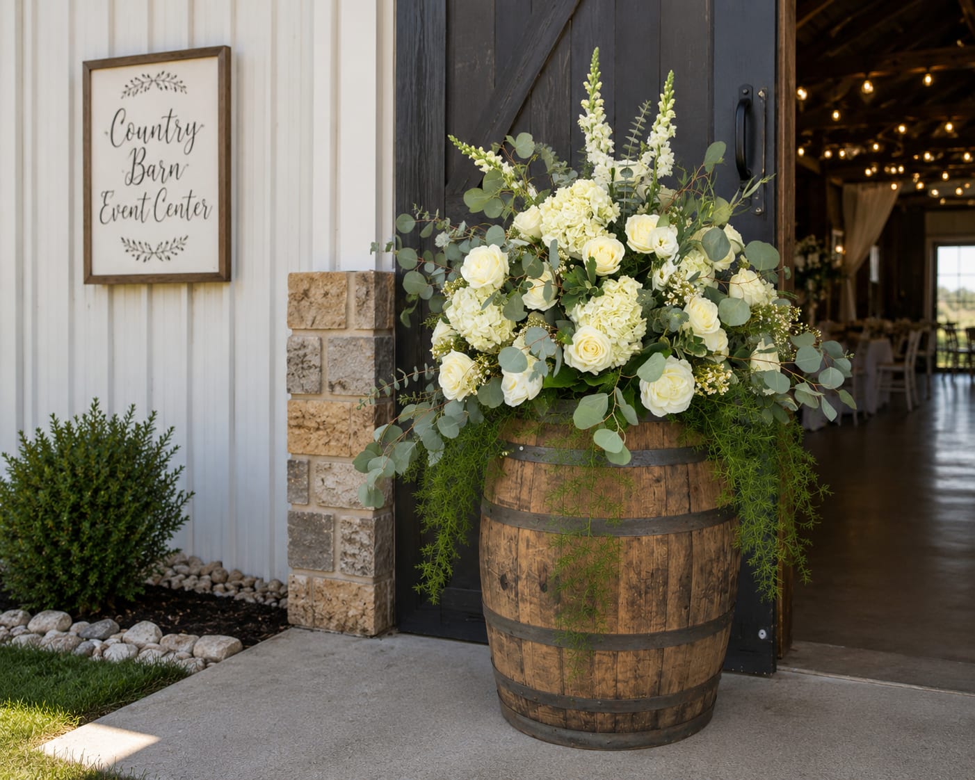Whiskey Barrel Wedding Arrangements - Designed specifically for whiskey barrels commonly used at barn weddings, country venues, vineyard weddings, and rustic events, this custom floral arrangement creates a beautiful focal point for your ceremony or reception. Please specify your wedding colors in the Special Instructions so the arrangement can be designed to coordinate with the rest of your wedding flowers and décor.  Available in both Standard and Deluxe versions. The Standard arrangement is designed for placement against walls, corners, entrances, arbors, and backdrop areas where the back is not visible. The Deluxe arrangement is finished on all sides for open spaces where guests can enjoy the design from every angle.  Perfect for ceremony spaces, venue entrances, aisle displays, arbor accents, reception areas, and event décor. Flower varieties may vary, but the overall style, color palette, fullness, and value will be maintained.