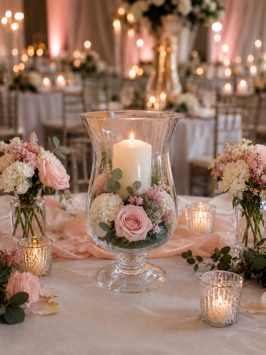 The Bailey Vase - Create a warm, inviting atmosphere with our elegant Twisted Globe Pedestal Hurricane Vase Rental. This timeless design is perfect for floating candles, pillar candles, floral accents, greenery, fairy lights, and romantic wedding centerpieces. Its classic pedestal base and graceful globe shape add height, dimension, and candlelight glow to reception tables, sweetheart tables, cocktail tables, ceremony décor, and event displays.  Part of the Aspen Attic Wedding &amp; Event Rental Collection, this versatile vase complements rustic, garden, boho, vintage, classic, farmhouse, and elegant wedding styles. Whether you’re planning an intimate celebration or a large reception, these hurricane vases help create a professionally styled look without the expense of purchasing décor.  Available for weddings and events throughout Indianapolis, Cincinnati, Louisville, Greensburg, Batesville, Shelbyville, Rushville, Columbus, Franklin, and surrounding communities. Pair with our coordinating pedestal vases, cylinders, lanterns, candle holders, compotes, mirrors, chargers, and other rental décor for a beautifully cohesive event design.  Reserve early to secure availability for your wedding date and let Aspen Attic help transform your vision into a celebration your guests will remember.