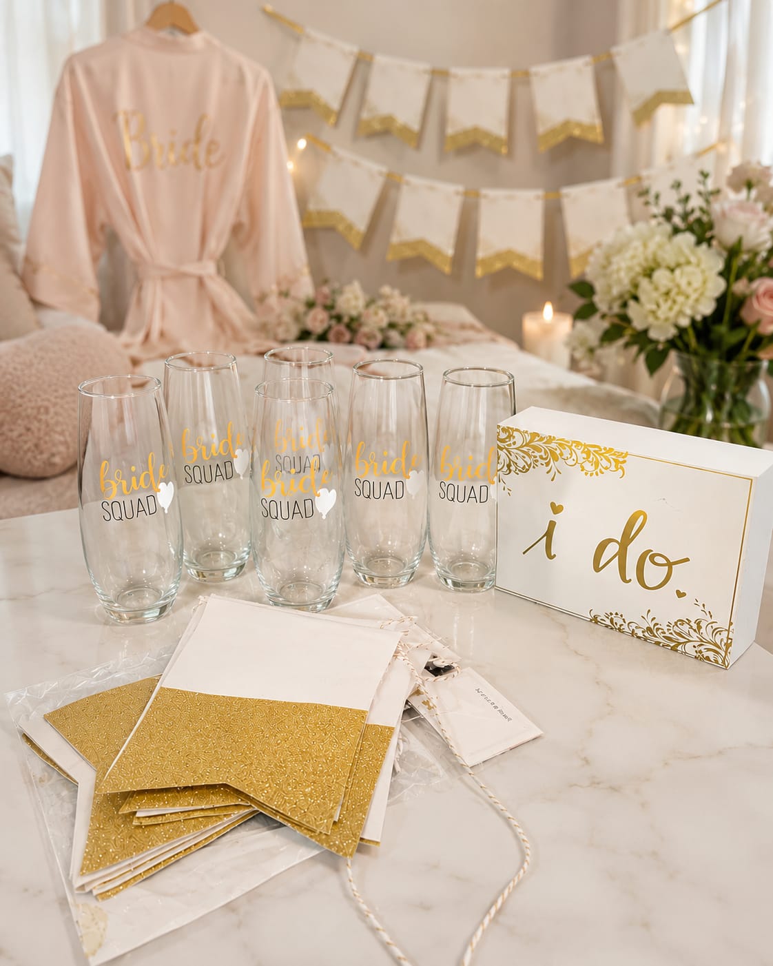 The Kayla Bride Squad Set - The Kayla Bride Squad Set was created for the moments before the ceremony begins—the laughter, the excitement, the last-minute selfies, the champagne toasts, and the realization that after months of planning, the day has finally arrived.  This isn’t just a collection of accessories. It’s a backdrop for some of the most photographed moments of the entire wedding day. The bridal suite. The matching robes. The happy tears. The group photos. The stories that get told for years afterward.  Beautifully coordinated in gold and white, the Kayla Bride Squad Set helps create that celebration atmosphere every bride deserves. It turns an ordinary getting-ready room into a space that feels festive, special, and worthy of the occasion.  Because before the music starts, before the first dance, before the vows are exchanged, there is a moment when a bride looks around at the women standing beside her and realizes she will never experience this exact day again.