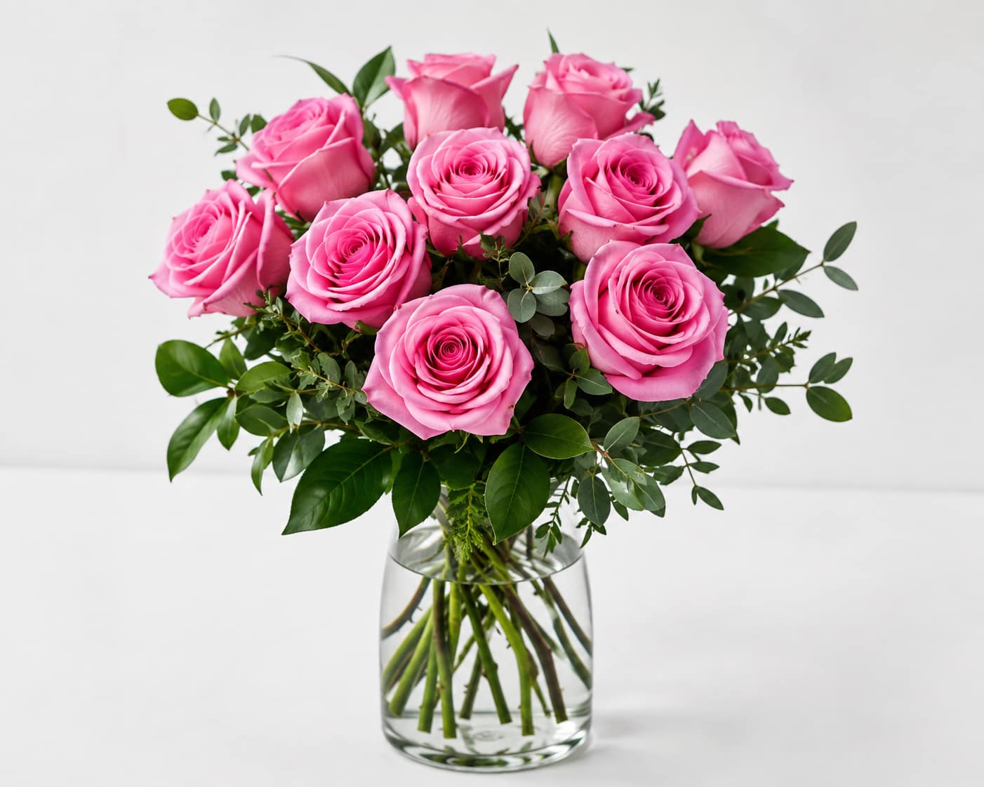 Pink roses arranged in a clear glass vase