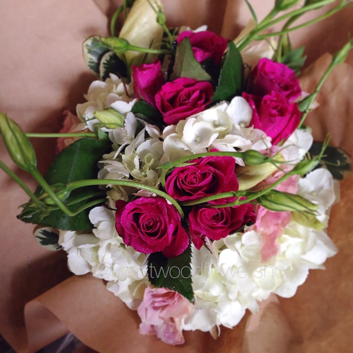 Hand-tied bouquet of hot pink roses and white hydrangeas