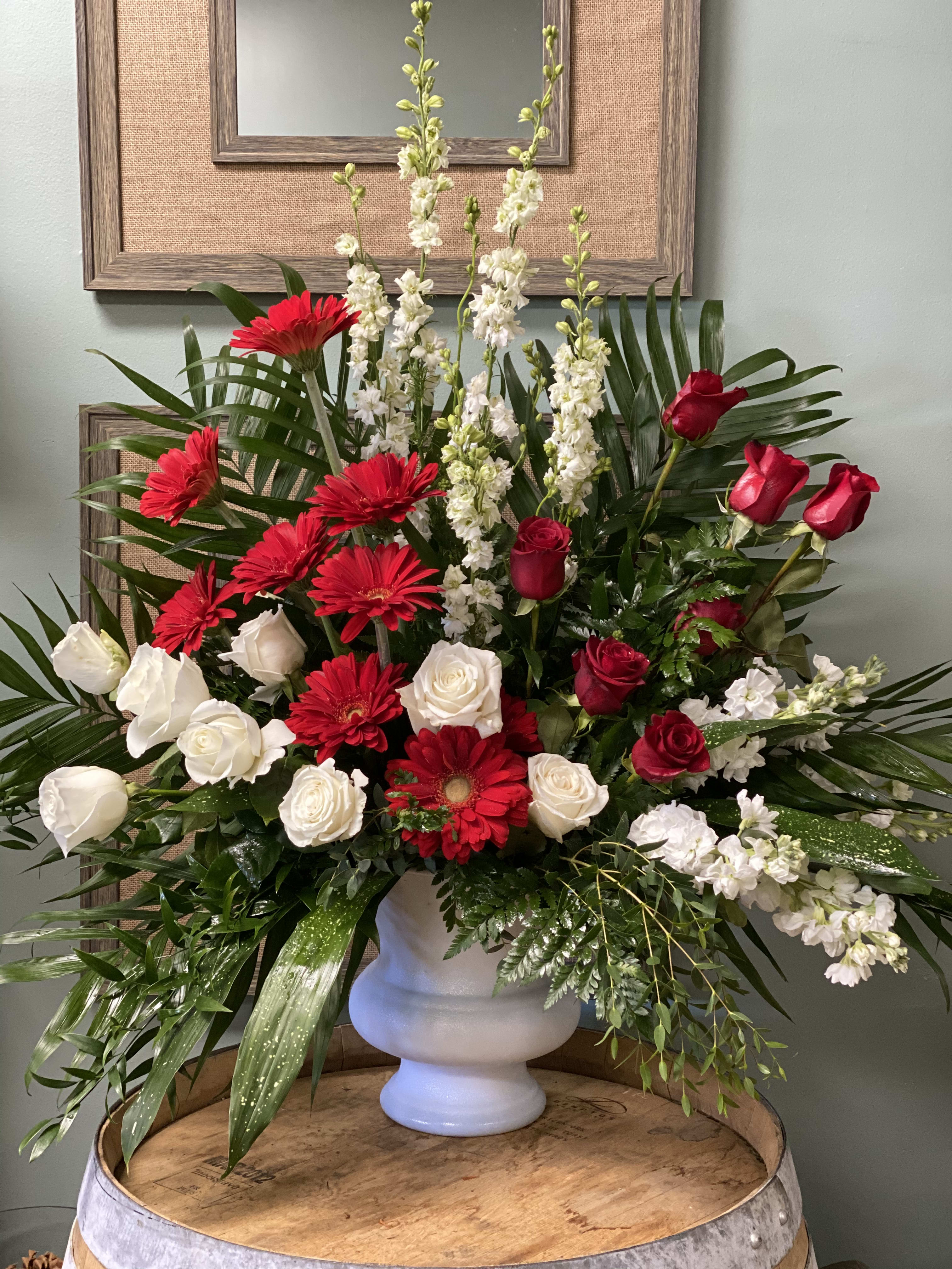 Tender Tribute - Tender Tribute Heavenly white roses, rich red roses &amp; carnations and gladioli create a touching funeral arrangement or sympathy bouquet for the service.