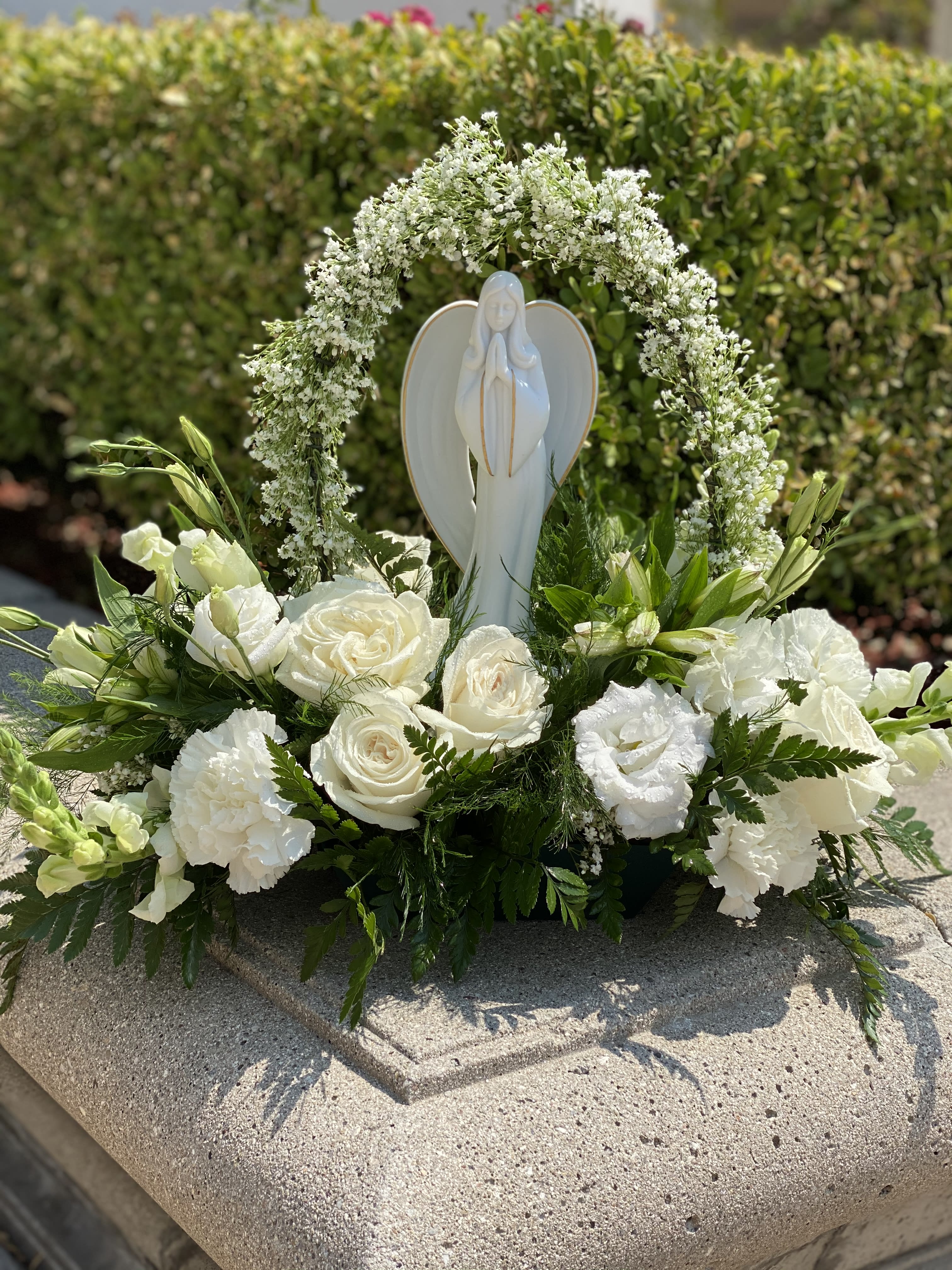 Beautiful Heart Bouquet - Keepsake Made with a arch of babies breath in a garden of roses carnations and other white 