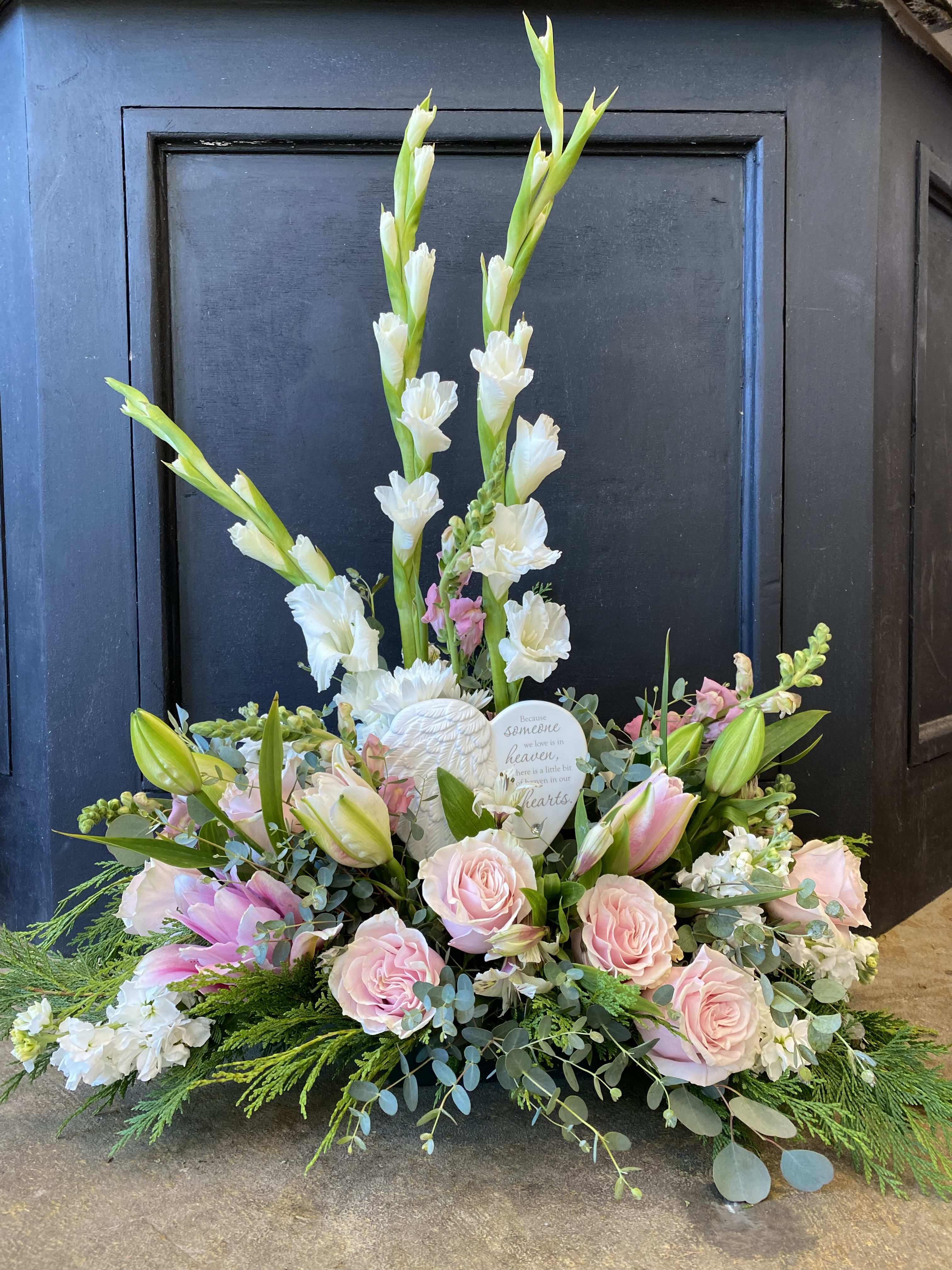 Sending condolences - Keepsake heart Blush pink roses stargazer lilies Gladiolas Alstroemeria and stock 