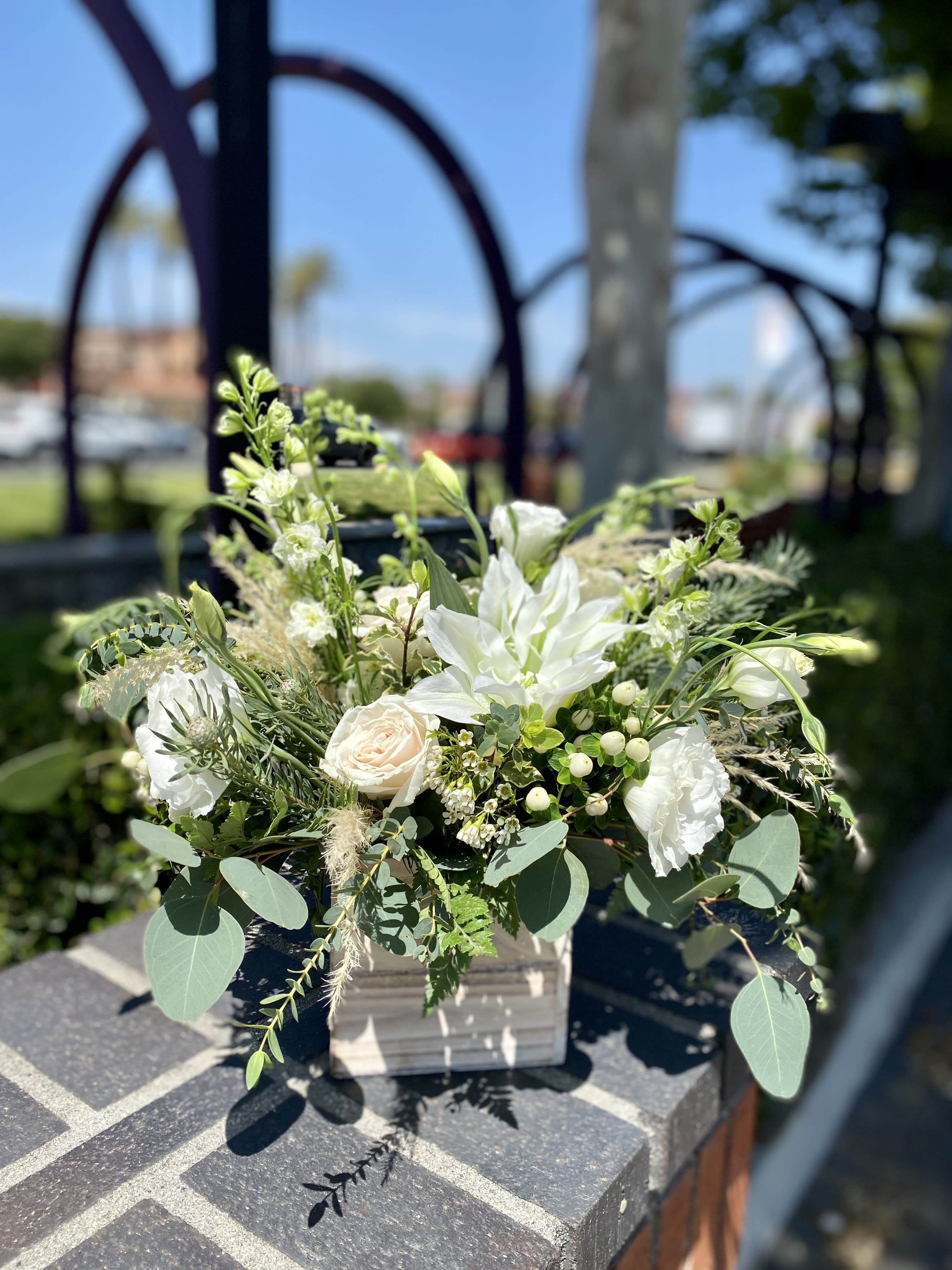 Boho pompas grass  - Gorgeous boho arrangement roses stargazer lilies  Lisianthus larkspur bunny tail pompas grass verity of foliage designed in a wood box
