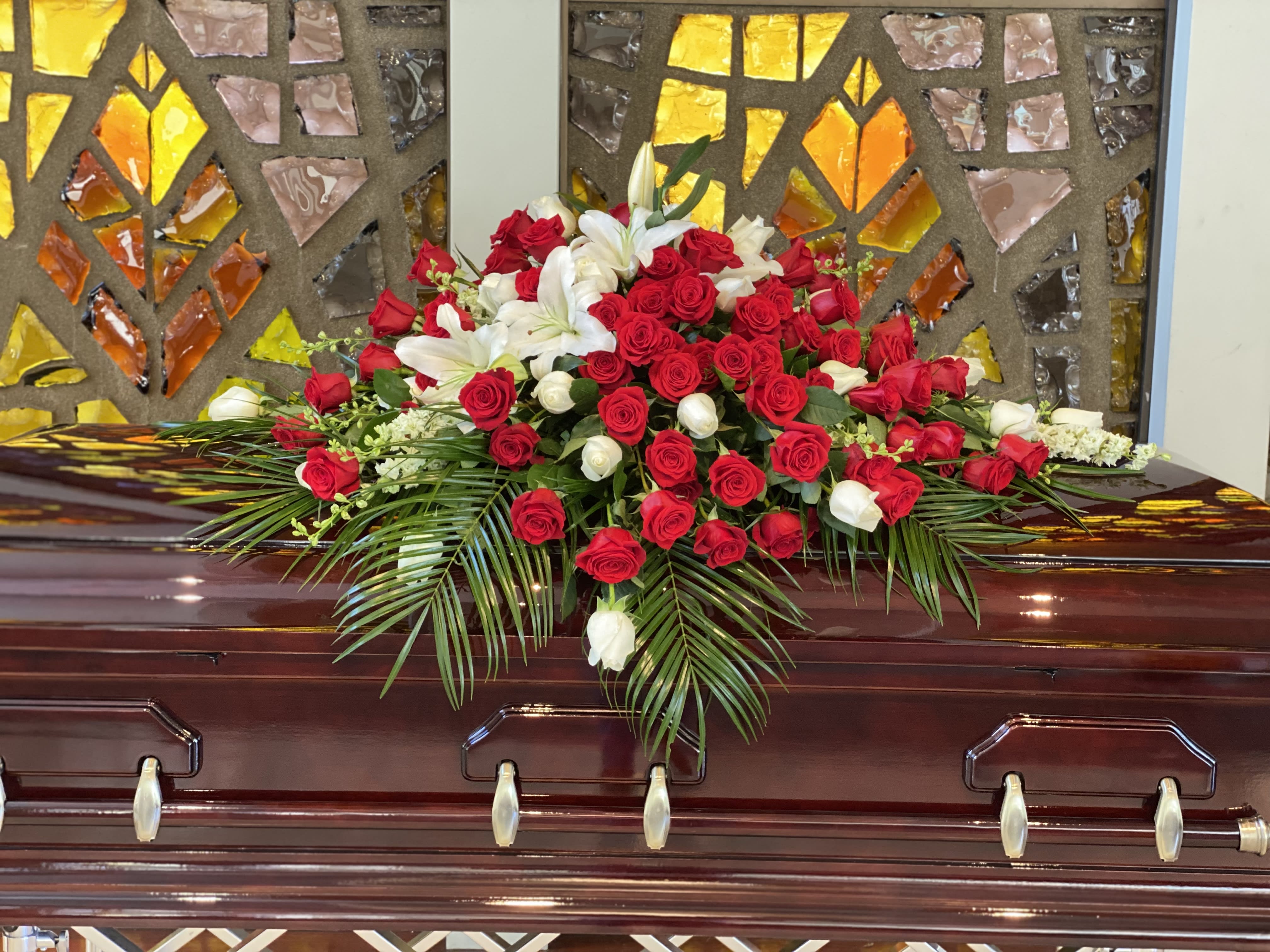 My Beloved  - Beautiful red &amp; white roses gorgeous white stargazer lilies and larkspur  This is a large casket spray  