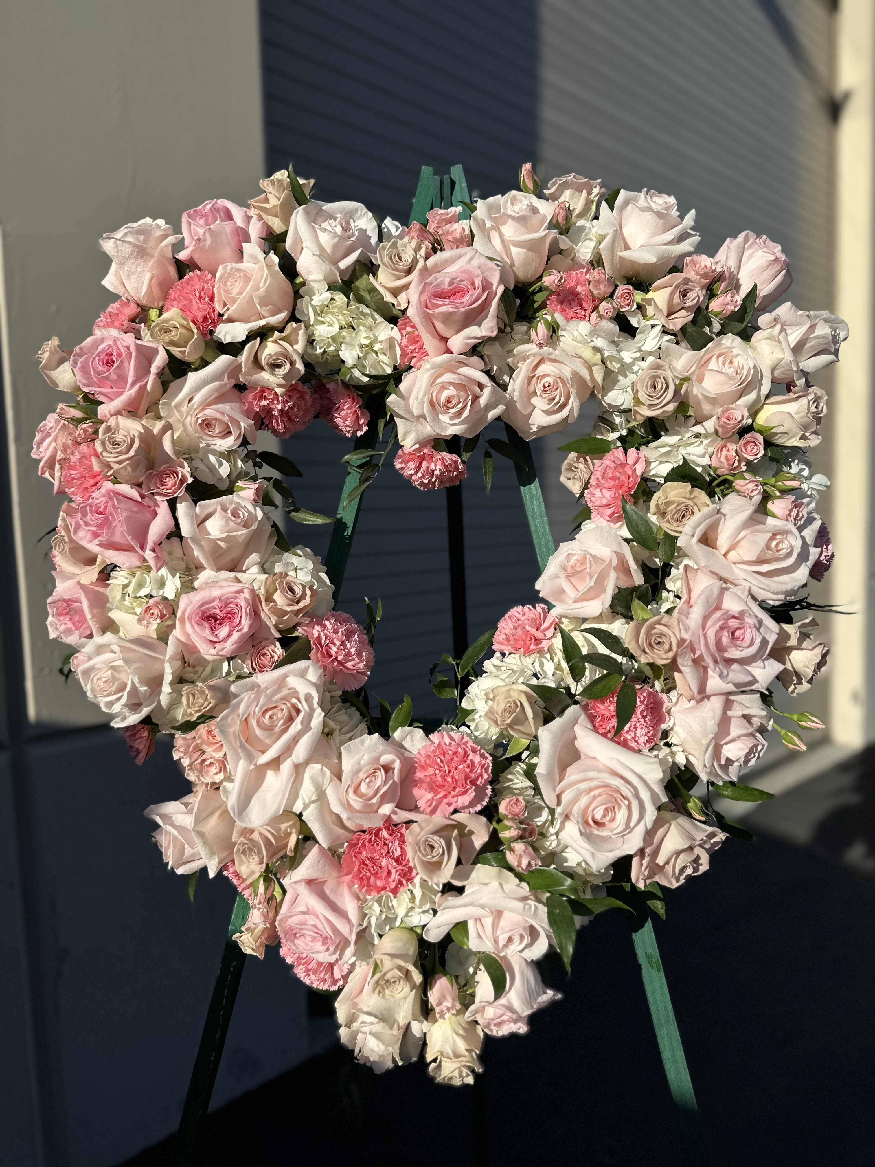 Forever loved heart - Beautiful open heart design with Hyndranga roses and carnations 
