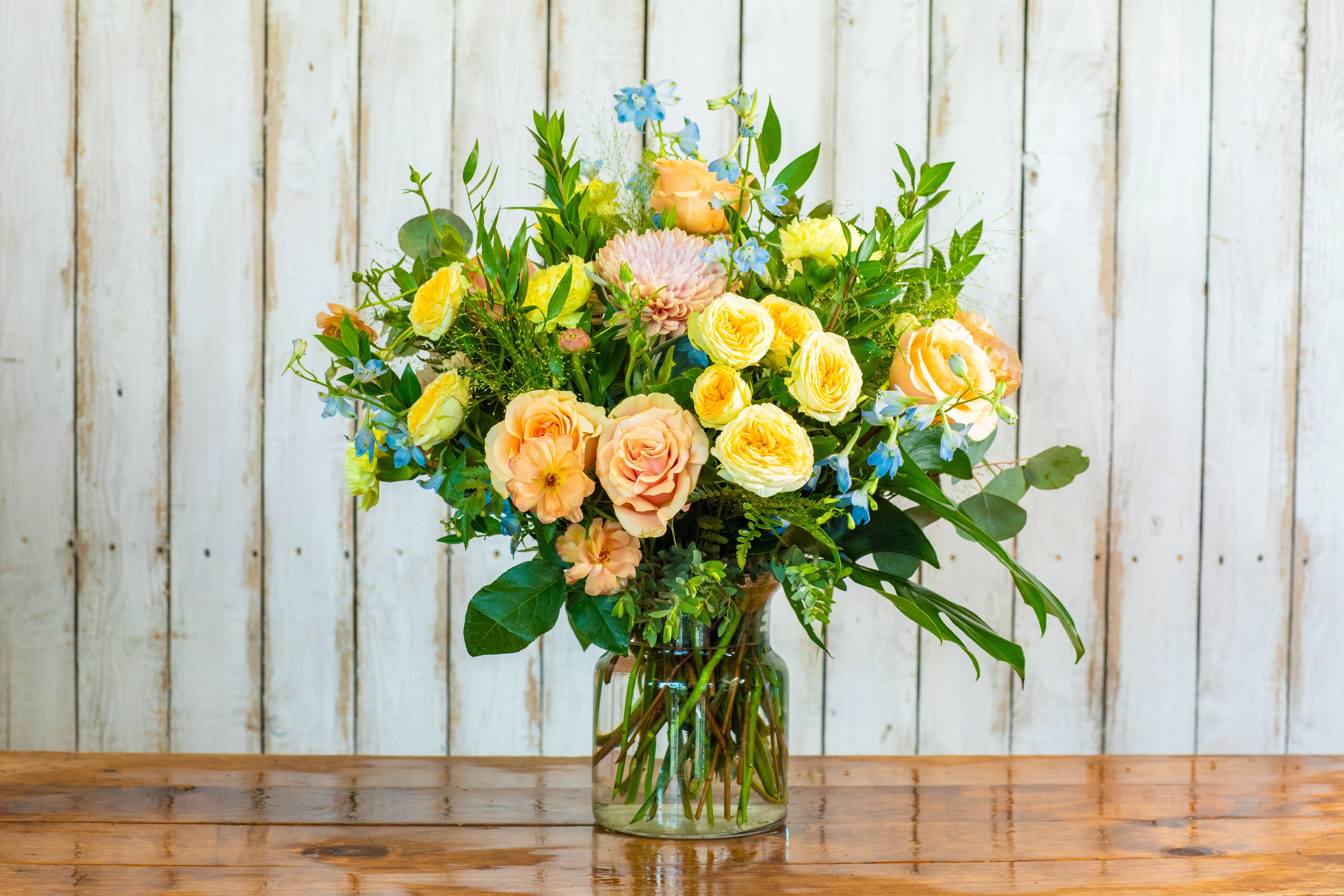 Peaches &amp; Cream Delight - Introducing the Peaches &amp; Cream Delight, an exquisite floral masterpiece from your premier Rancho Cucamonga Florist, Tommy Austin Florist.  This luxurious and abundant bouquet radiates warmth and sophistication with its harmonious blend of soft, romantic hues. It showcases a stunning array of premium blooms, including fragrant peach garden roses and delicate spray roses, complemented by cheerful creamy yellow roses. Adding captivating texture are unique blush-toned spider chrysanthemums and airy light blue delphinium, all artfully arranged with various lush green foliage including eucalyptus. This generous, garden-style arrangement is perfect for expressing heartfelt sentiments, celebrating significant milestones, or as an elegant centerpiece for any special occasion. Let Tommy Austin Florist deliver this unforgettable statement of beauty directly to your loved ones throughout Rancho Cucamonga and the surrounding communities.