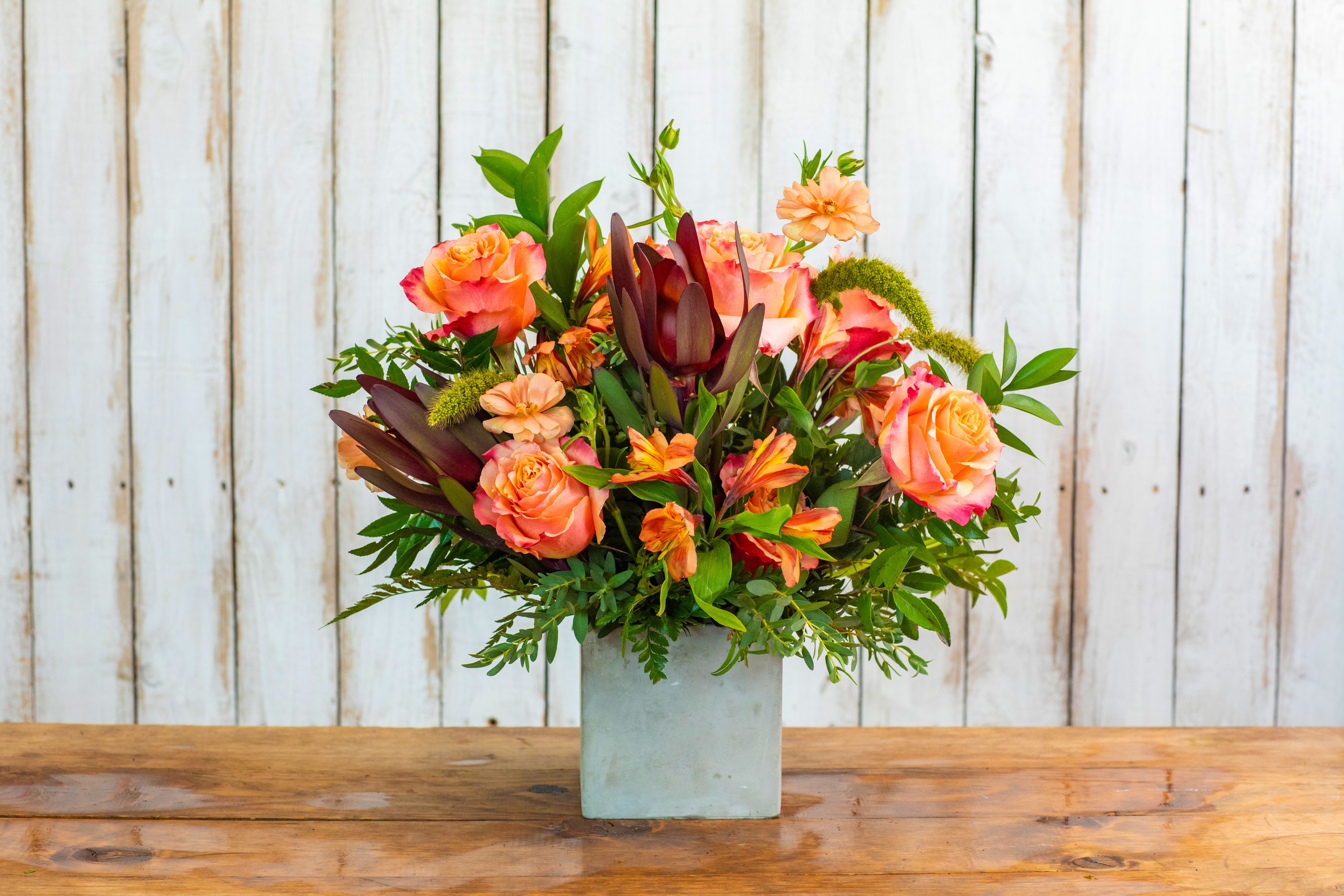 Copper Charm Flower Cube - Send warmth and sophistication with the Copper Charm Flower Cube, a unique and richly colored arrangement handcrafted by your expert Rancho Cucamonga Florist. This contemporary bouquet perfectly blends rustic elegance with vibrant, autumnal hues.  It features magnificent bi-color roses in shades of sunset orange and deep pink, complemented by striking, dark burgundy leucadendron (protea) and orange Peruvian lilies (alstroemeria). Cascading green amaranth and various foliage add abundant texture. The arrangement is presented in a modern, muted blue/green square container, making it a stylish gift to send instantly.  As the leading Rancho Cucamonga flower shop, we make it easy to shop online for flowers that make a lasting impression. This stunning arrangement is the perfect choice for a grand housewarming gift, a memorable birthday bouquet, a significant anniversary, or as a unique corporate flower delivery.  We offer reliable same-day flower delivery throughout the entire Rancho Cucamonga area. Don't hesitate—order flowers now and trust our expertise to deliver a stunning and unique arrangement. Buy flowers online today with confidence from your dependable local Rancho Cucamonga Florist!