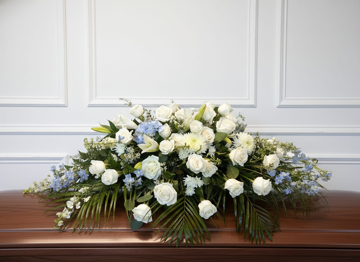 Peaceful Remembrance Spray - Offer a heartfelt expression of peace, love, and remembrance with our Pure White &amp; Blue Serenity Casket Spray. This elegant floral tribute features a soft blend of white roses, delicate blue accents, and seasonal blooms, thoughtfully arranged with lush greenery to create a natural and flowing design.  The classic white and blue palette symbolizes purity, peace, and everlasting love, making it a comforting and meaningful choice for honoring a loved one.  Designed to rest gracefully atop the casket, this arrangement brings a sense of calm and dignity to funeral services, memorials, or celebration of life ceremonies.  Each piece is carefully handcrafted with compassion and attention to detail, ensuring a beautiful and respectful tribute.  Serving Rancho Cucamonga and the Inland Empire, we are honored to help you express your condolences with care, grace, and heartfelt intention.