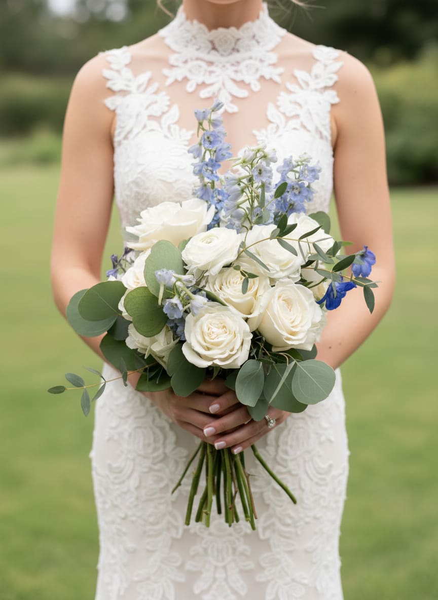 Bluebell Garden Romance Bridal Bouquet - Soft, romantic, and timeless, the Bluebell Garden Romance bouquet features premium white roses, delicate blue delphinium, soft ranunculus, and lush silver dollar eucalyptus. Designed with a naturally gathered garden-style look, this bouquet is perfect for elegant outdoor weddings, classic ceremonies, and romantic bridal portraits. The soft blue and white color palette creates a fresh, airy feel that photographs beautifully in every season.  Perfect for brides looking for: • Garden-style bridal bouquet • White and blue wedding flowers • Romantic luxury wedding florals • Elegant spring and summer wedding bouquet • Rancho Cucamonga wedding florist • Southern California luxury wedding flowers  This handcrafted bridal bouquet is custom designed by Tommy Austin Florist using premium fresh flowers sourced for quality, beauty, and style. Yes we can change color 