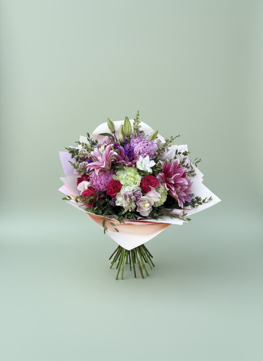 Pink Passion Luxe Bouquet™ - Make every moment unforgettable with our Pink Passion Luxe Bouquet™, a breathtaking hand-tied bouquet featuring premium pink lilies, hot pink roses, hydrangea, peonies, snapdragons, and seasonal garden blooms wrapped in elegant designer paper.  Bursting with vibrant shades of pink, lavender, and soft blush, this luxury bouquet is designed to celebrate love, birthdays, anniversaries, graduations, new babies, Mother’s Day, and life’s most meaningful milestones. Every stem is carefully selected and artistically arranged to create a stunning presentation that leaves a lasting impression.  Handcrafted by Tommy Austin Florist, this bouquet combines modern floral design with timeless elegance, making it one of our most popular luxury flower gifts throughout Rancho Cucamonga, Ontario, Upland, Claremont, Fontana, and the Inland Empire.  Perfect For Birthdays  Anniversaries  Graduation Celebrations Mother’s Day  New Baby Girl Gifts  Congratulations Flowers Luxury Flower Delivery  Romantic Surprises