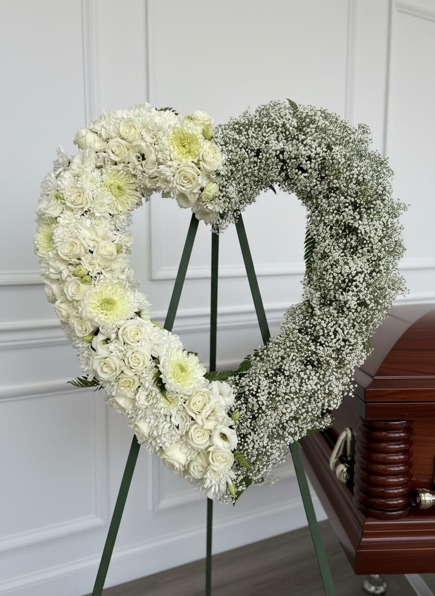 Angel’s Embrace™ Heart Wreath - Honor a cherished life with our Angel’s Embrace™ Heart Wreath, a luxurious sympathy tribute handcrafted with premium white roses, elegant chrysanthemums, delicate baby’s breath, and fresh seasonal blooms. Designed in a graceful heart shape, this stunning arrangement symbolizes everlasting love, treasured memories, and the unbreakable bond that lives on forever.  The combination of pristine white flowers and clouds of baby’s breath creates a timeless, heavenly design that brings comfort, beauty, and hope during life’s most difficult moments.  Perfect For: Funeral Services, Memorial Services, Celebration of Life Ceremonies, Graveside Tributes, Sympathy and Condolence Gifts Premium Flowers Featured: White Roses, White Chrysanthemums, Baby’s Breath (Gypsophila) .Fresh Seasonal Greenery  Why Families Choose Angel’s Embrace™ The heart shape represents eternal love, while the all-white palette symbolizes peace, purity, honor, and remembrance. This elegant standing wreath creates a beautiful focal point at funeral and memorial services.  Local Delivery Available Throughout the Inland Empire