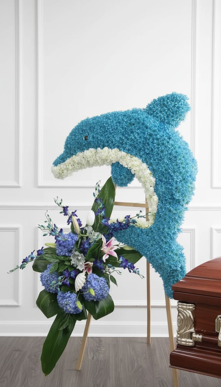 Ocean’s Gentle Journey™ Dolphin Tribute - Honor the memory of a loved one with our breathtaking Ocean’s Gentle Journey™ Dolphin Tribute. This custom-designed sympathy arrangement features a handcrafted dolphin created from premium blue and white flowers, symbolizing peace, freedom, love, and everlasting remembrance.  Accented with lush hydrangeas, lilies, delphinium, tropical foliage, and elegant seasonal blooms, this standing funeral tribute creates a beautiful and meaningful expression of sympathy. Perfect for ocean lovers, marine enthusiasts, boat captains, fishermen, or anyone whose heart belonged to the sea. Each tribute is professionally designed by the floral artists at Tommy Austin Florist and can be customized in your loved one’s favorite colors. Perfect For: Funeral Services Celebration of Life Ceremonies  Memorial Services Ocean &amp; Beach Lovers Marine-Themed Tributes Personalized Sympathy Arrangements