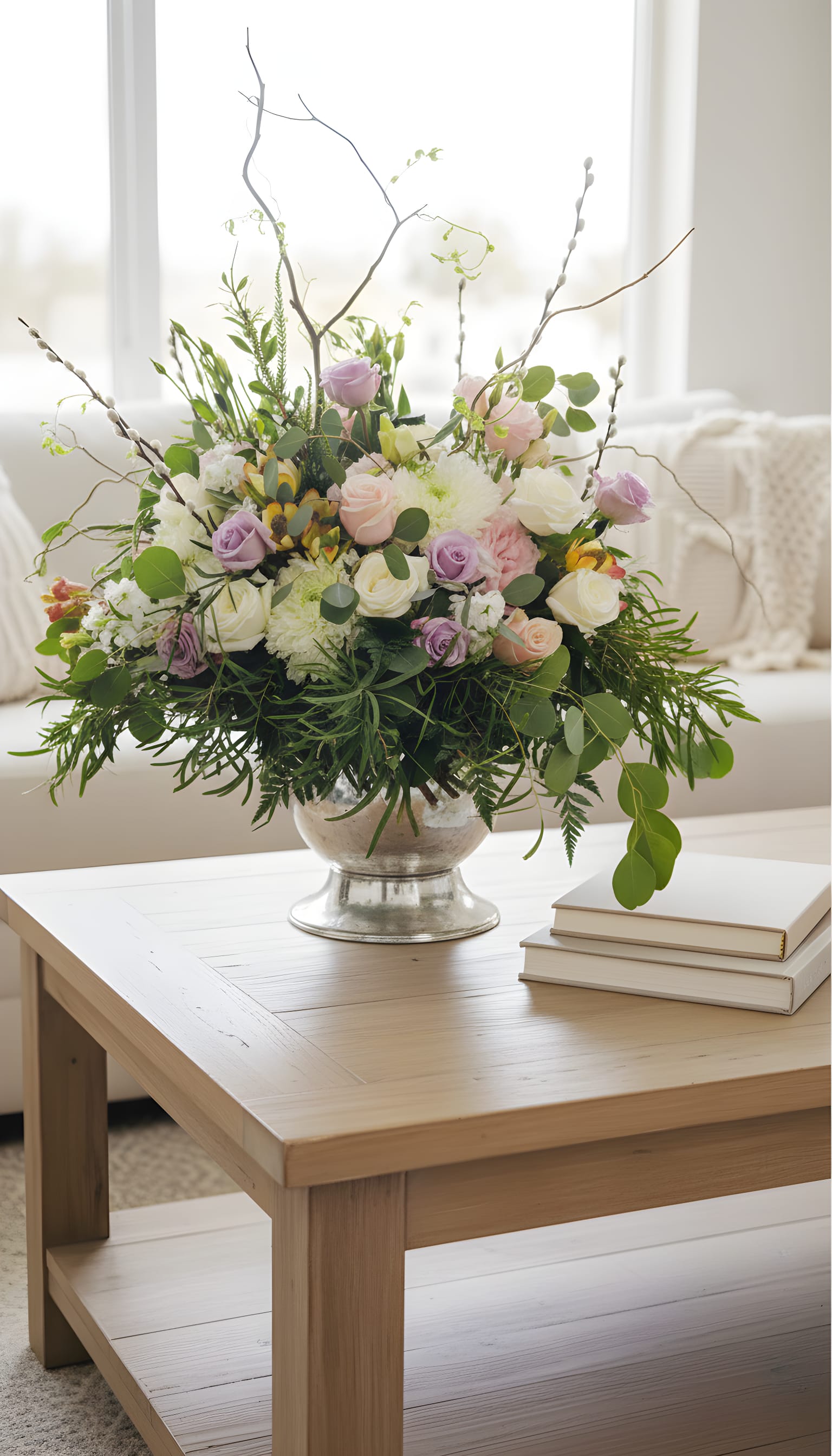 Whispers of the Garden - Bring the beauty of an enchanted garden indoors with our Whispers of the Garden floral arrangement. Designed in an elegant silver keepsake bowl, this lush centerpiece features premium roses, seasonal blooms, fresh eucalyptus, flowing greenery, and graceful curly willow branches for a naturally artistic look. Handcrafted by the designers at Tommy Austin Florist, this stunning arrangement adds elegance and charm to any occasion. Whether you’re celebrating a birthday, anniversary, welcoming a new baby, expressing sympathy, or sending a thoughtful “thinking of you” gift, this timeless design makes a lasting impression. Each arrangement is uniquely handcrafted using the freshest flowers available, ensuring every piece is one of a kind.  Perfect For:  * Birthday Flowers * Anniversary Flowers * Sympathy &amp; Memorial Gifts * Get Well Soon * Housewarming Gifts * Thank You Flowers * Luxury Floral Decor  Please Note: Flower varieties may vary slightly based on seasonal availability while maintaining the same elegant garden-inspired style, color palette, and overall fullness. Local flower delivery is available throughout Rancho Cucamonga, Ontario, Upland, Fontana, Claremont, La Verne, Montclair, East valle, Jurupa, Temecula and surrounding Inland Empire communities.