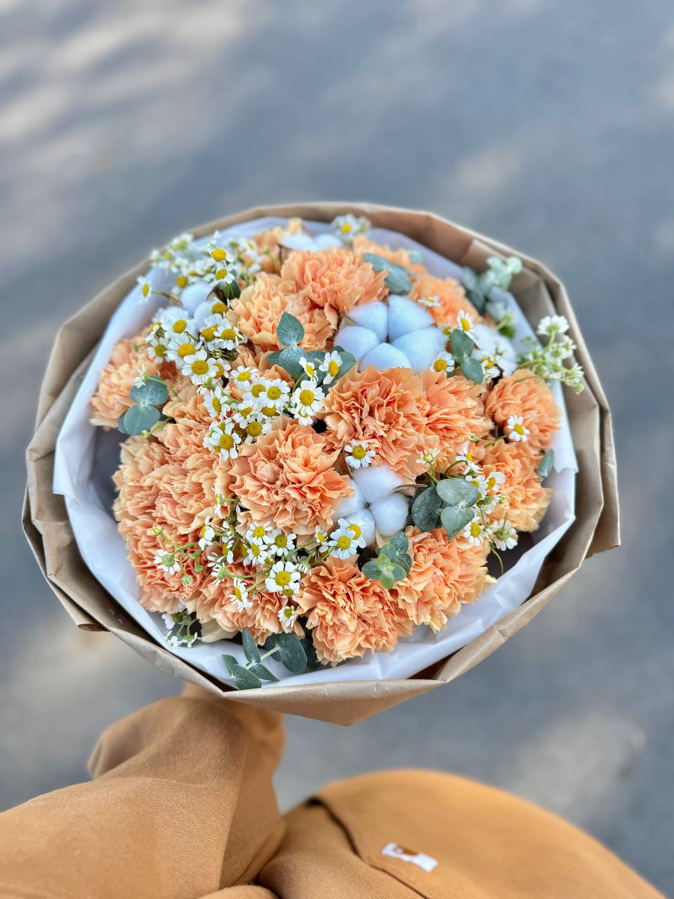 Autumn with winter notes added.  - Bouquet combination of carnations, cotton, daisies and eucalyptus greenery.