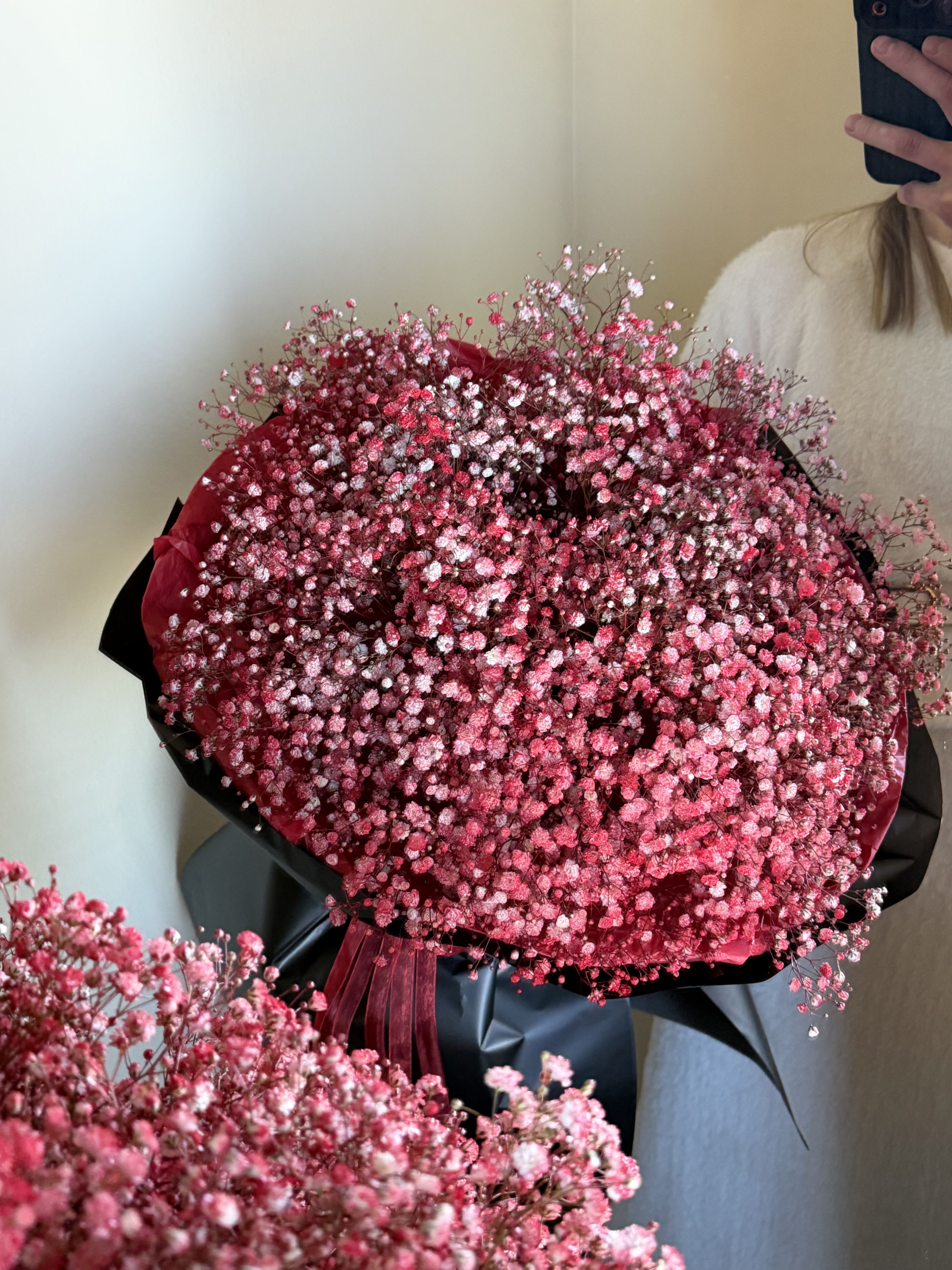 A bouquet of red gypsophila - A bouquet of red gypsophila is a bold and deeply emotional choice. Light, airy branches create a feeling of weightlessness, while the rich red color fills the arrangement with passion, warmth, and emotion. This bouquet looks unique and modern, instantly catching the eye and leaving a lasting impression. It holds its beauty for a long time and becomes a striking accent for any space or special occasion.