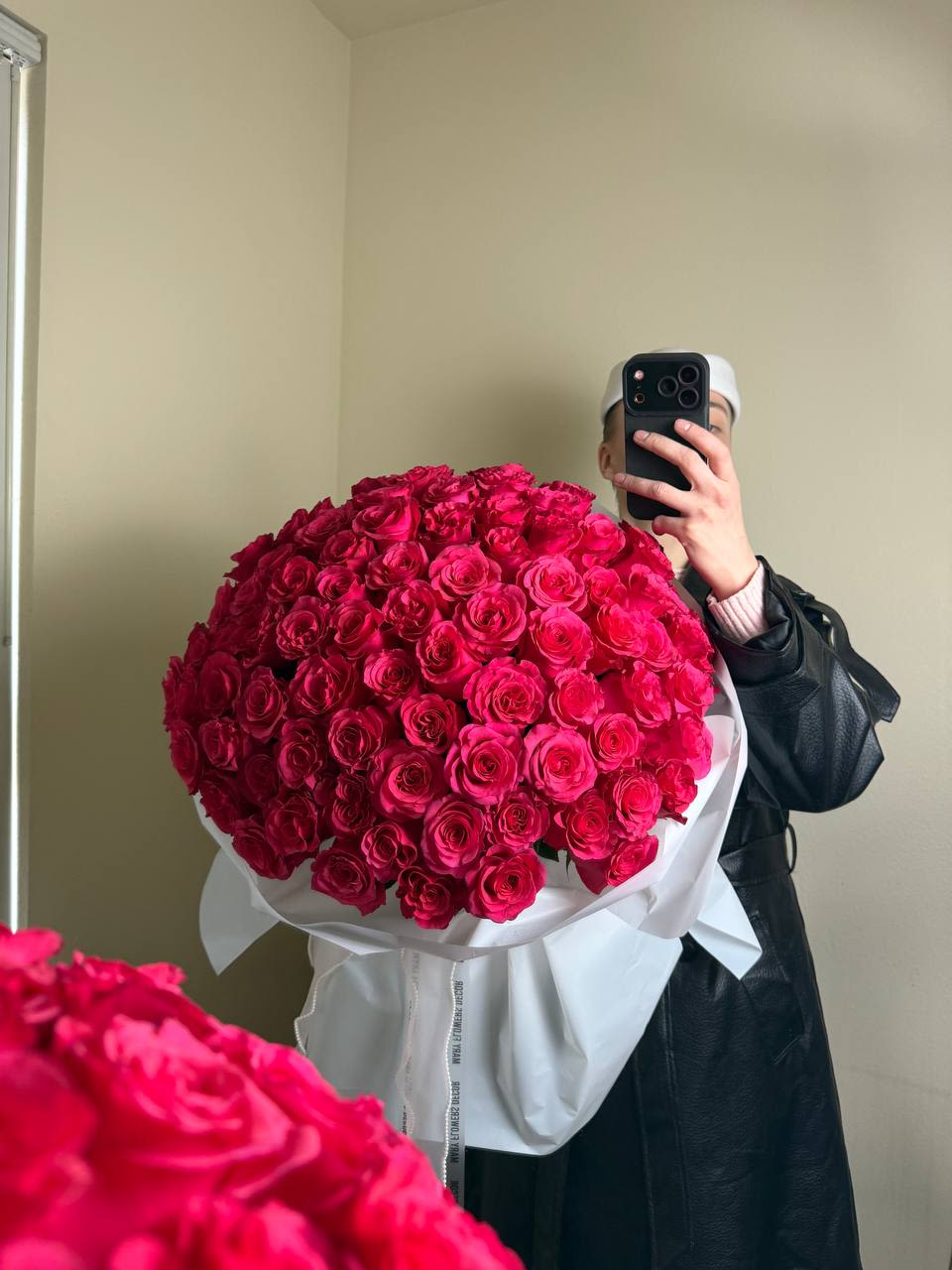 Depth of Passion: 100 Dark Pink Roses -  Experience the ultimate expression of luxury, romance, and emotion with our magnificent bouquet of 100 dark pink roses. This bouquet isn’t just a gift — it’s a statement of deep feelings, passion, and tenderness. Perfect for those moments when words alone aren’t enough.   Why this bouquet will impress:  • 100 majestic roses — a stunning and abundant display that captivates at first glance  • Rich dark pink hue — conveys passion, admiration, and heartfelt emotions  • Carefully arranged — each rose is placed with precision to maintain freshness, shape, and beauty  • Ideal for any special occasion — anniversaries, birthdays, romantic surprises, or simply to show someone how much they mean to you  Each rose in this bouquet is like a story of love, combined into a single breathtaking floral masterpiece. The deep, velvety color evokes elegance and sophistication, while the sheer abundance of blooms makes it an unforgettable gift.   Pro tip for the perfect gesture: Include a personalized note with your heartfelt message — it turns the bouquet into a truly unique and meaningful gift.  Order today and let your emotions be expressed through the splendor of 100 dark pink roses — a gift that speaks volumes and creates lasting memories.