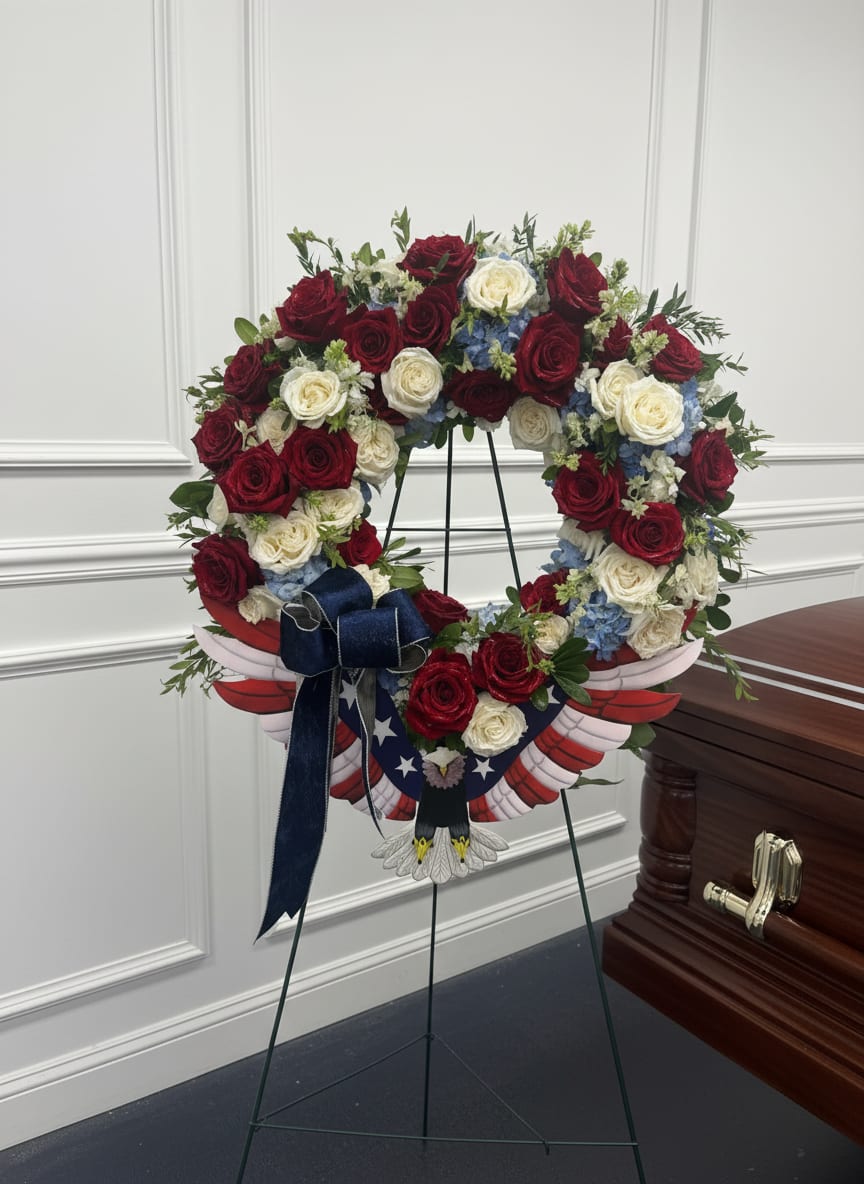 Red and white rose funeral wreath on a stand with a patriotic ribbon