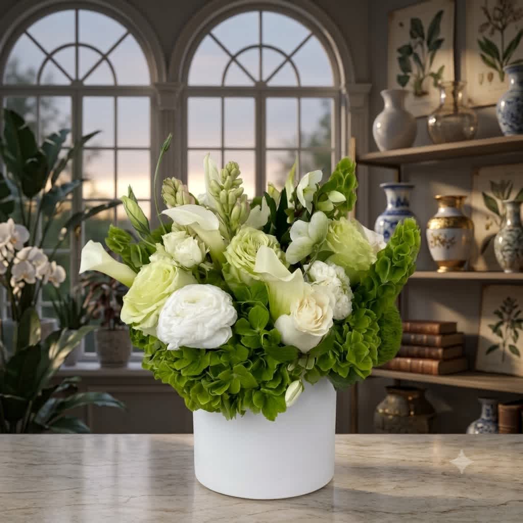 White and green floral arrangement in a white cylindrical vase
